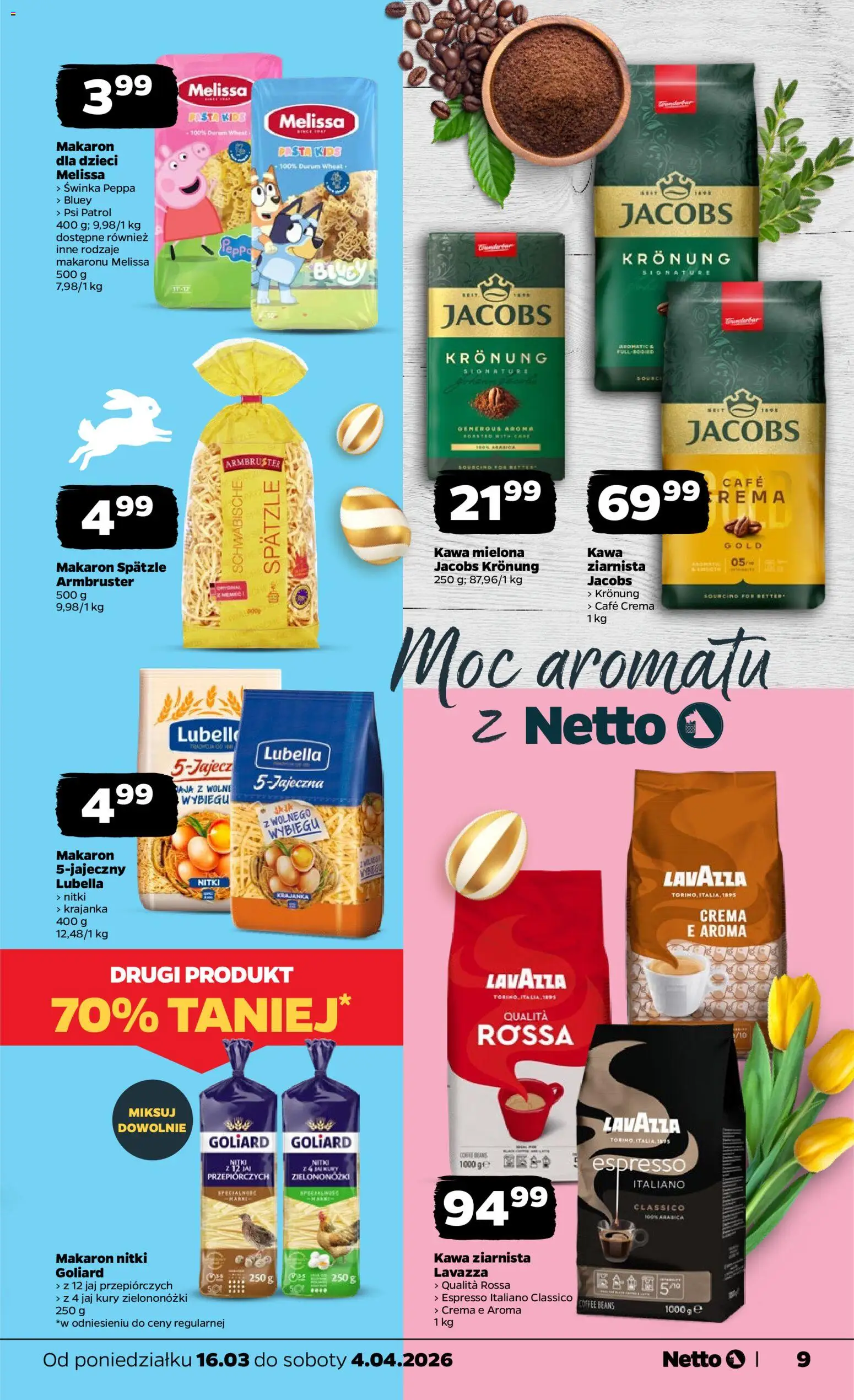 Netto gazetka - Wielkanoc od 16.03.2026 | Strona: 9 | Produkty: Kawa ziarnista, Lavazza, Kawa, Makaron