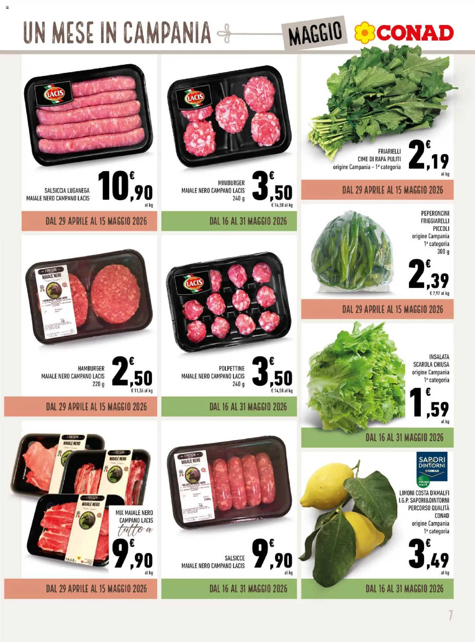 Volantino Conad del 29.04.2026 | Pagina: 7 | Prodotti: Maiale, Salsiccia, Friarielli, Hamburger
