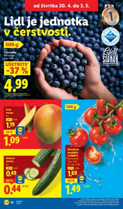 Lidl leták platný od 27.04.2026 | Strana: 52 | Produkty: Paradajky, Čučoriedky, Mango, Uhorky