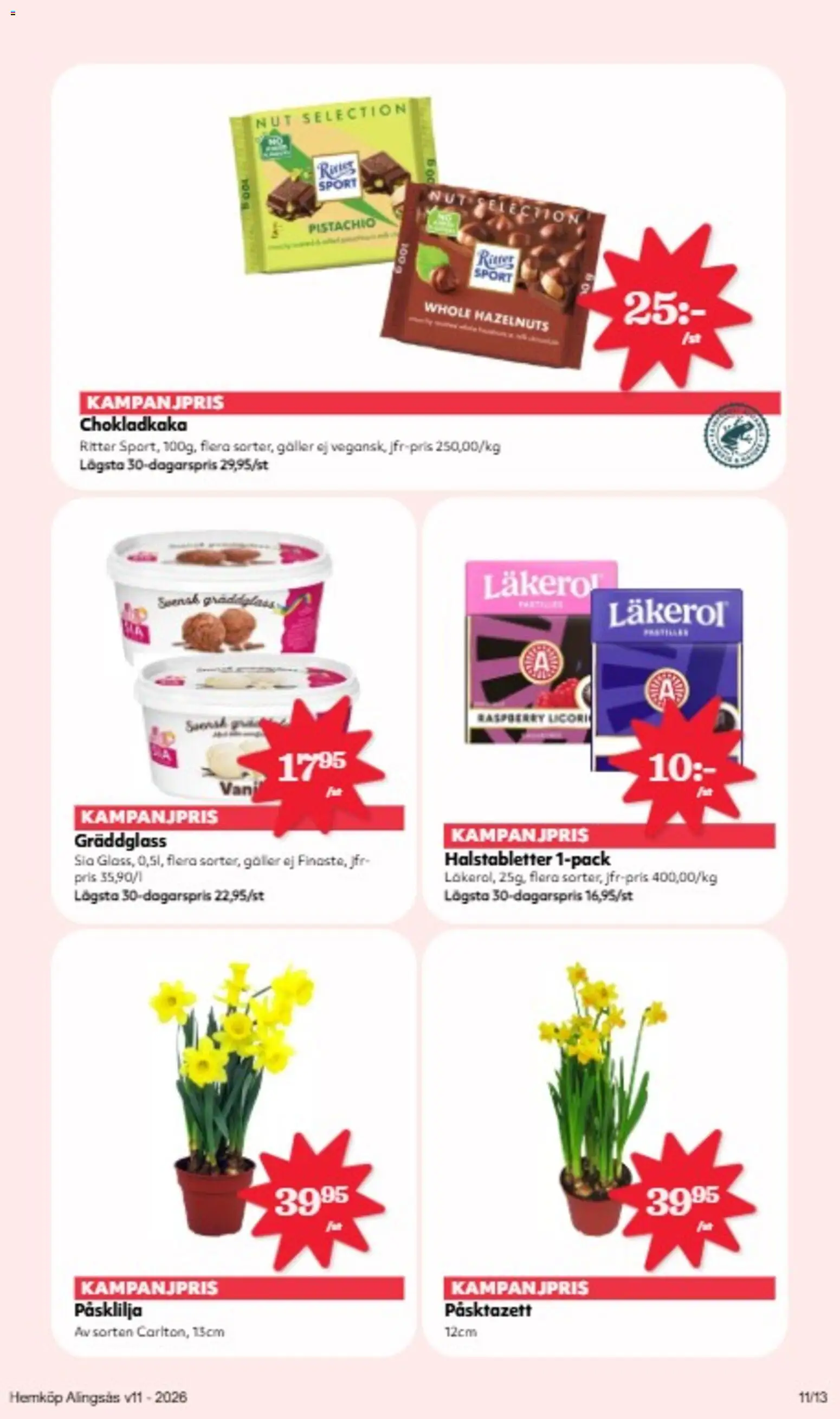 Hemköp reklamblad aktuell från 09.03.2026 | Sida: 5 | Produkter: Halstabletter, Chokladkaka, Galler, Glass