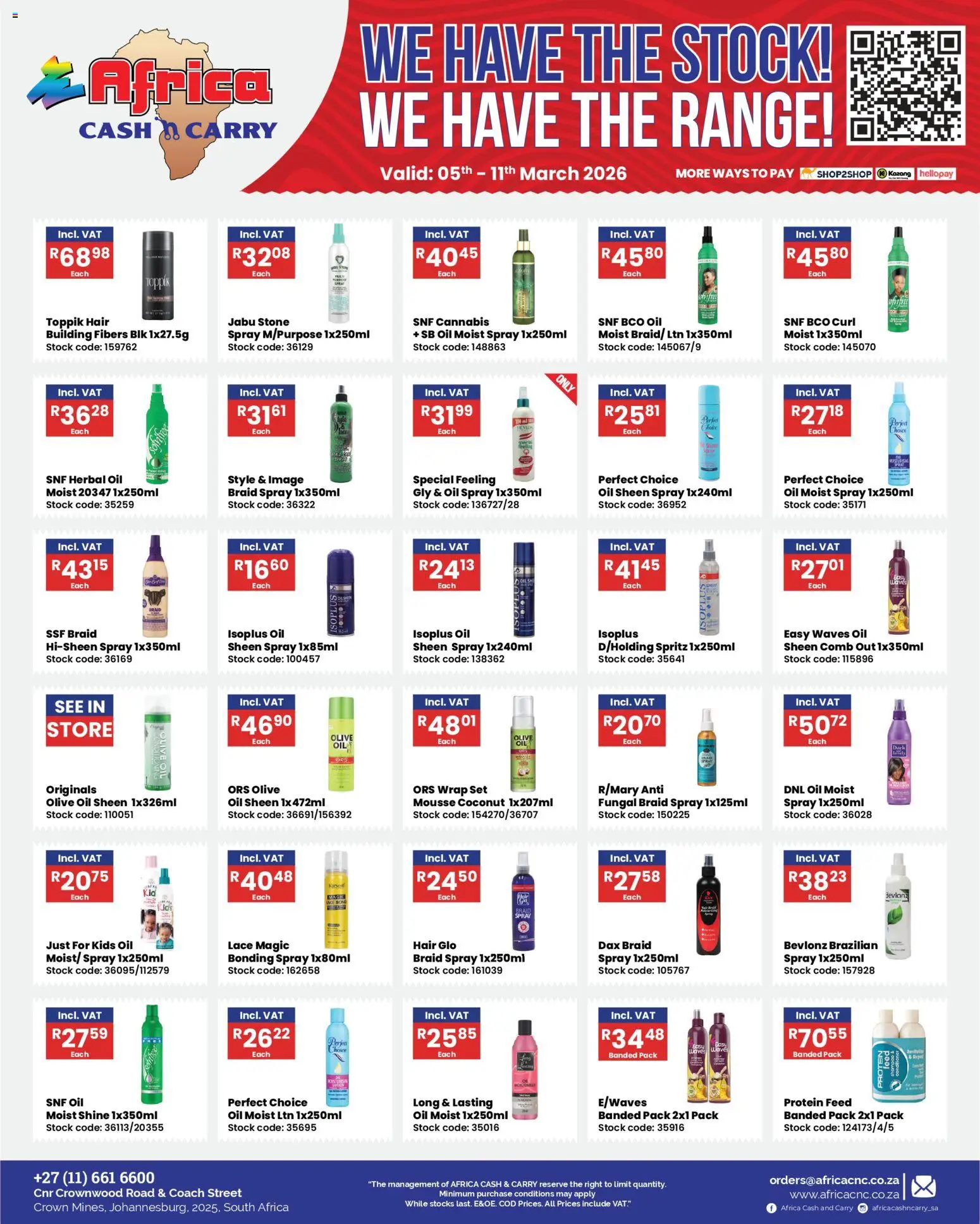 New Africa Cash & Carry catalogue – valid from 05.03.2026 | Page: 1 | Products: Detergente líquido, Oil, Conditioner, Stock