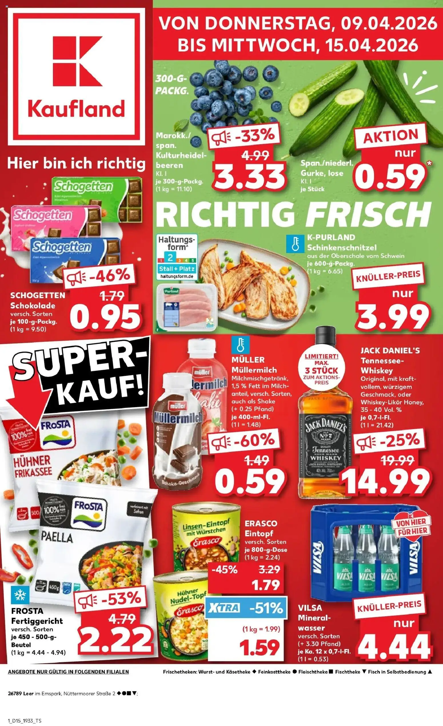 Kaufland Prospekt Leer (Ostfriesland)	 – gültig ab 08.04.2026 | Seite: 1 | Produkte: Schokolade, Mineralwasser, Wurst, Müllermilch