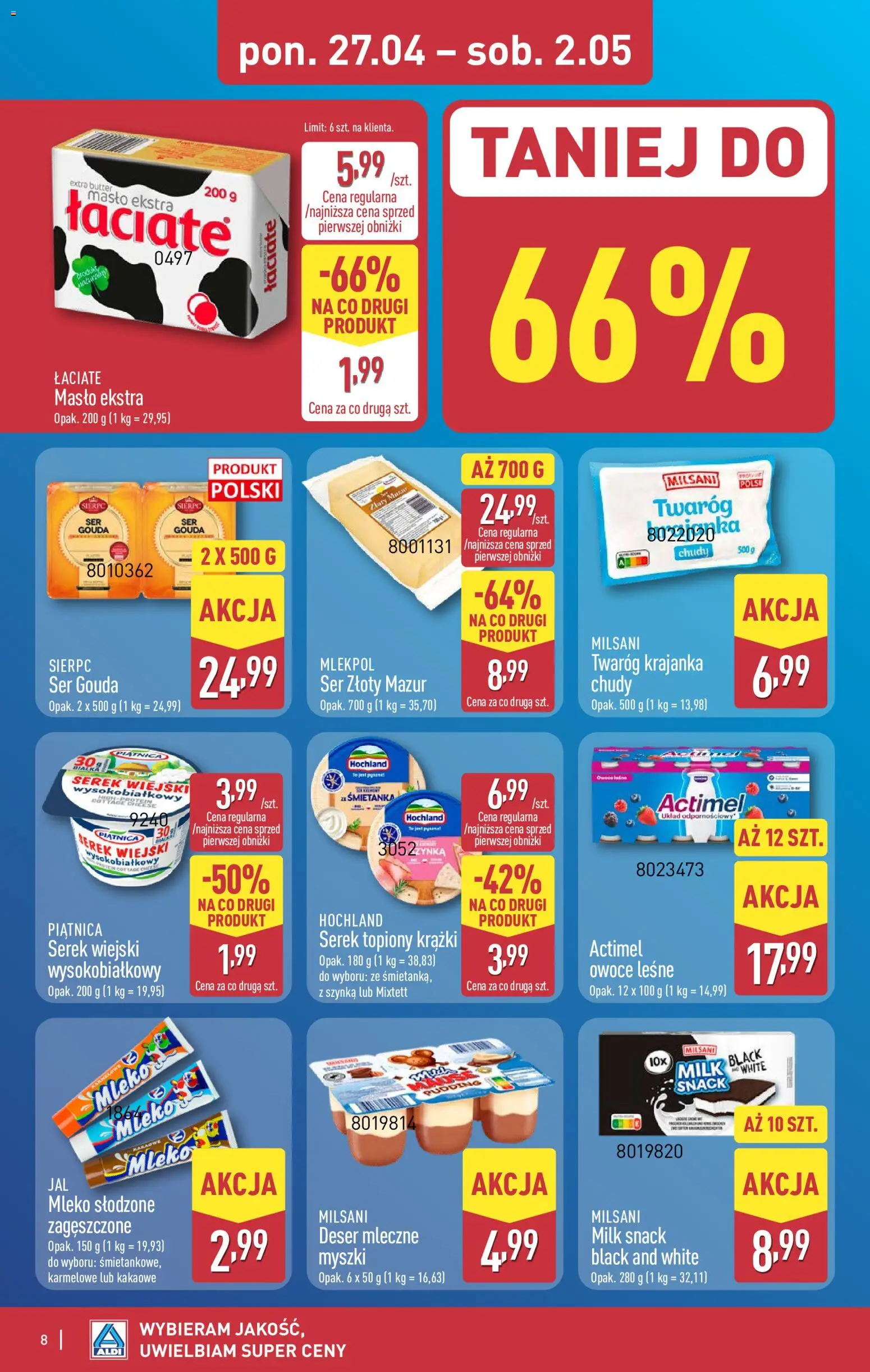 Aldi Polsko leták od 27.04.2026 | Strana: 8 | Produkty: Gouda, Mléko, Máslo, Actimel