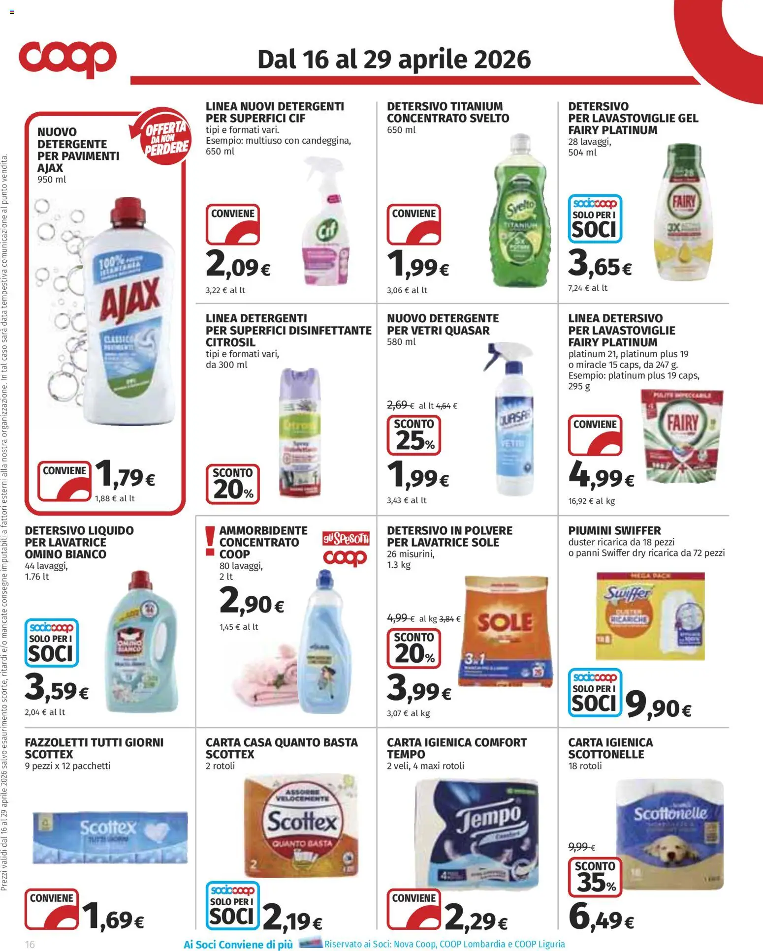 Volantino COOP del 16.04.2026 | Pagina: 16 | Prodotti: Detersivo in polvere, Ammorbidente, Fazzoletti, Data