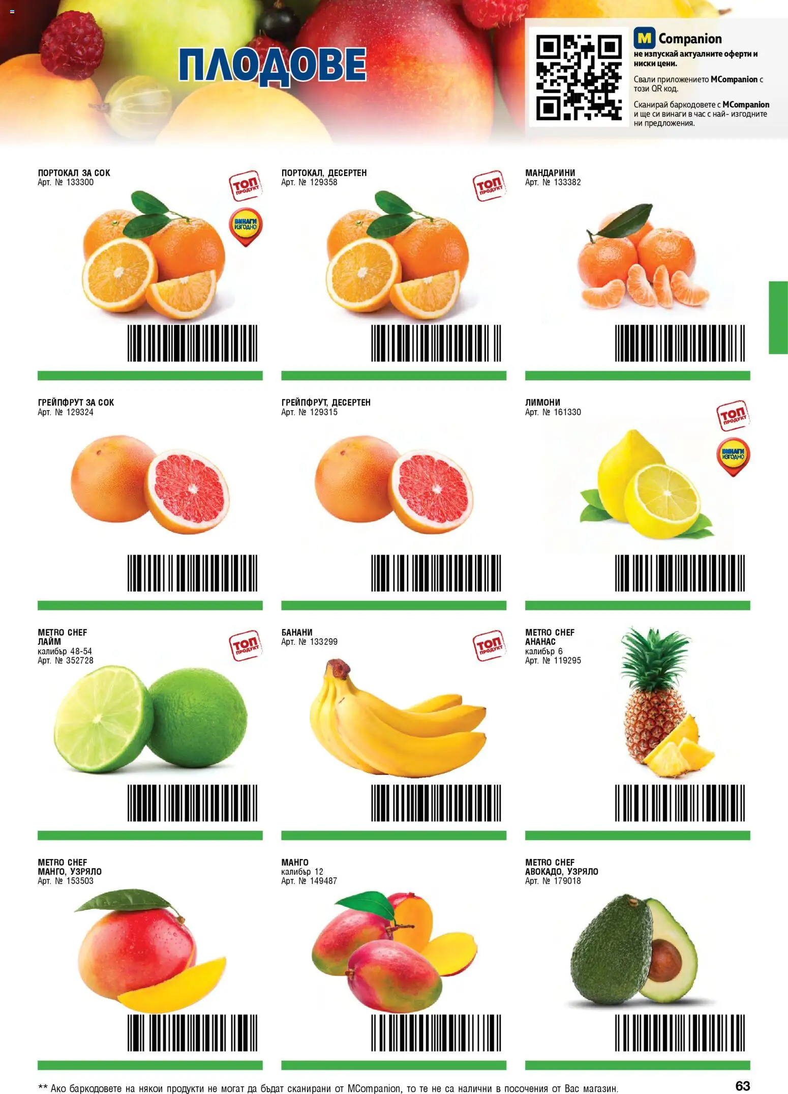 {H1} | Страница: 63 | Продукти: Плодове, Портокал, Банани, Мандарини