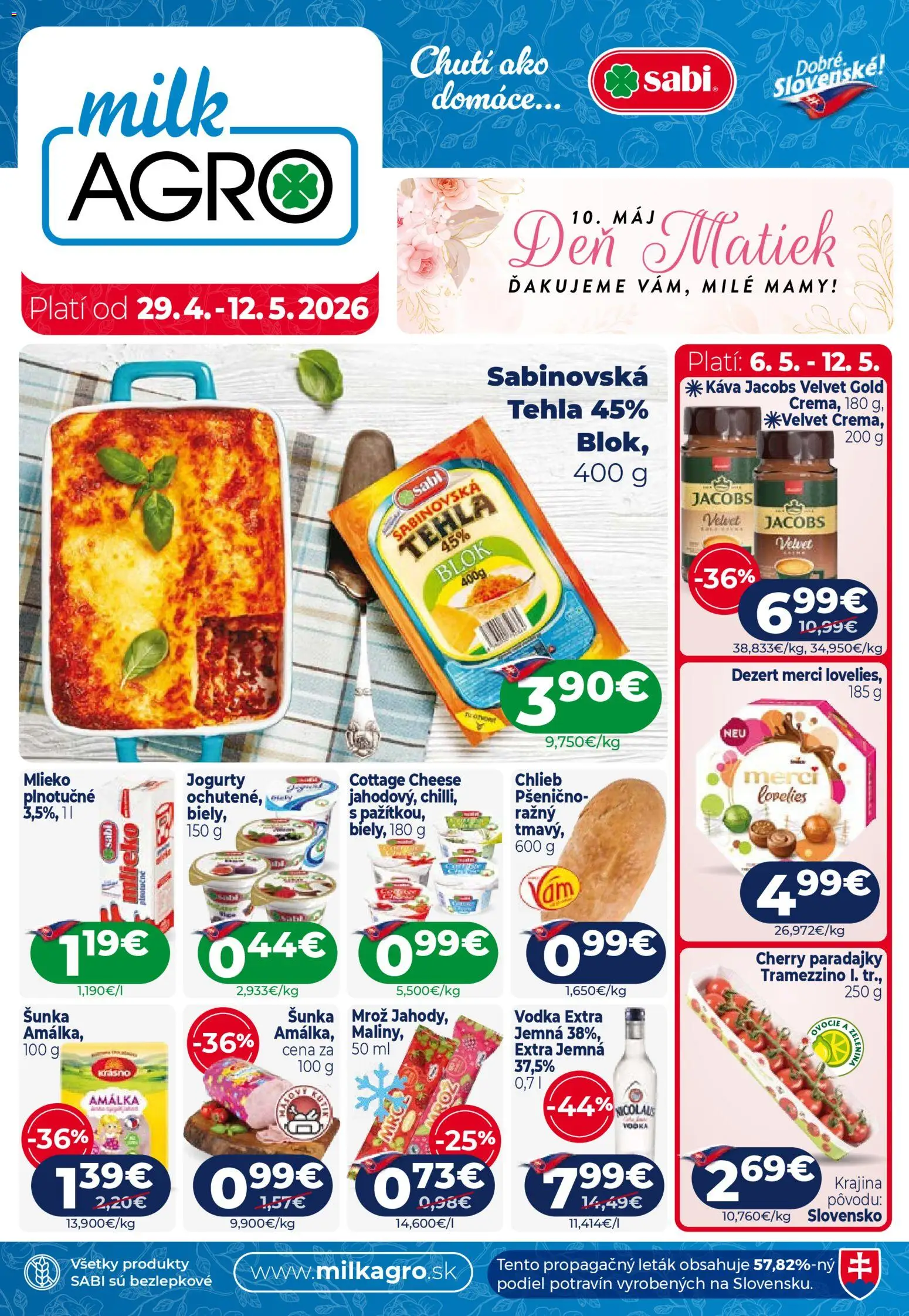 Nové Milk Agro akcie – leták je platný od 29.04.2026 | Strana: 1 | Produkty: Mlieko, Chlieb, Paradajky, Merci