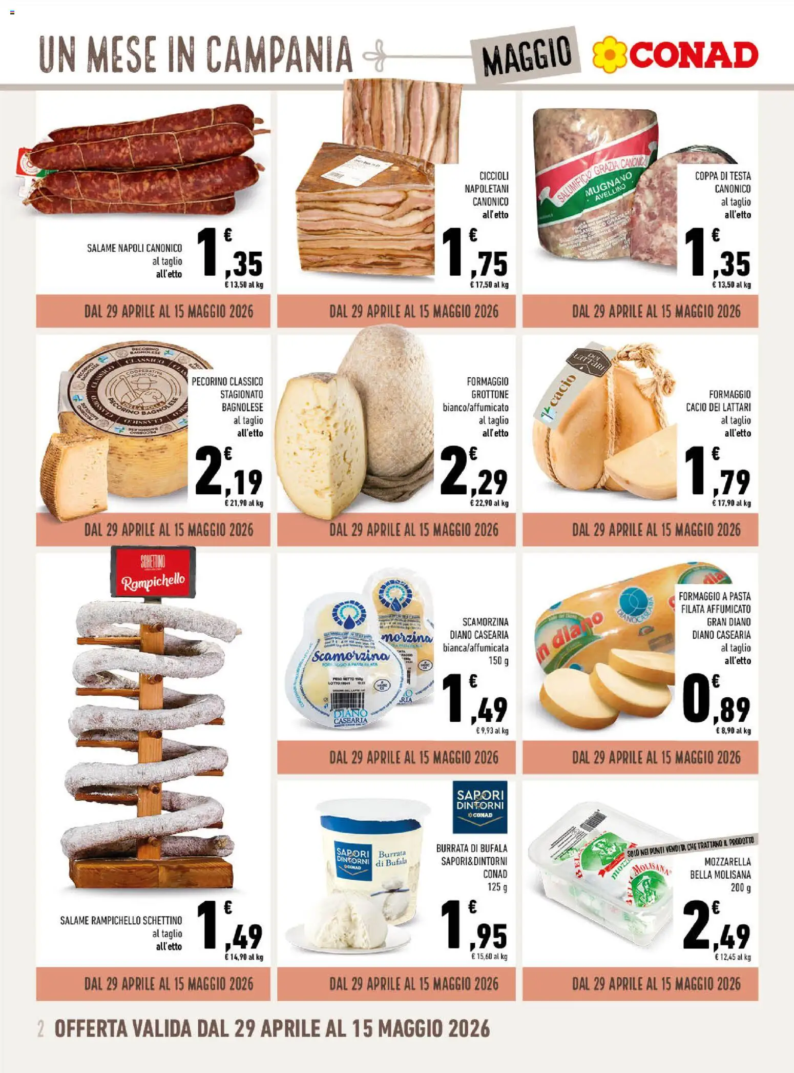 Volantino Conad del 29.04.2026 | Pagina: 2 | Prodotti: Salame, Formaggio, Pasta, Burrata