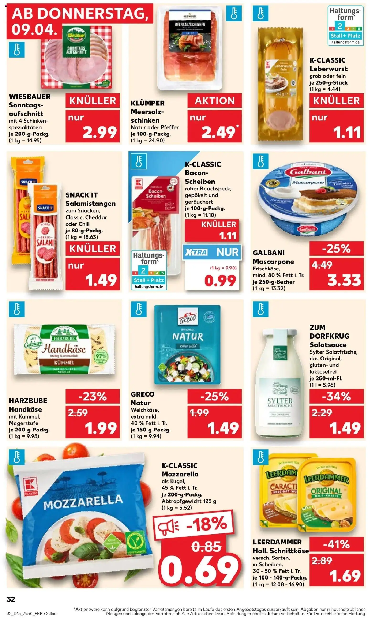 Kaufland Prospekt Leer (Ostfriesland)	 – gültig ab 08.04.2026 | Seite: 32 | Produkte: Mascarpone, Mozzarella, Leerdammer, Salami