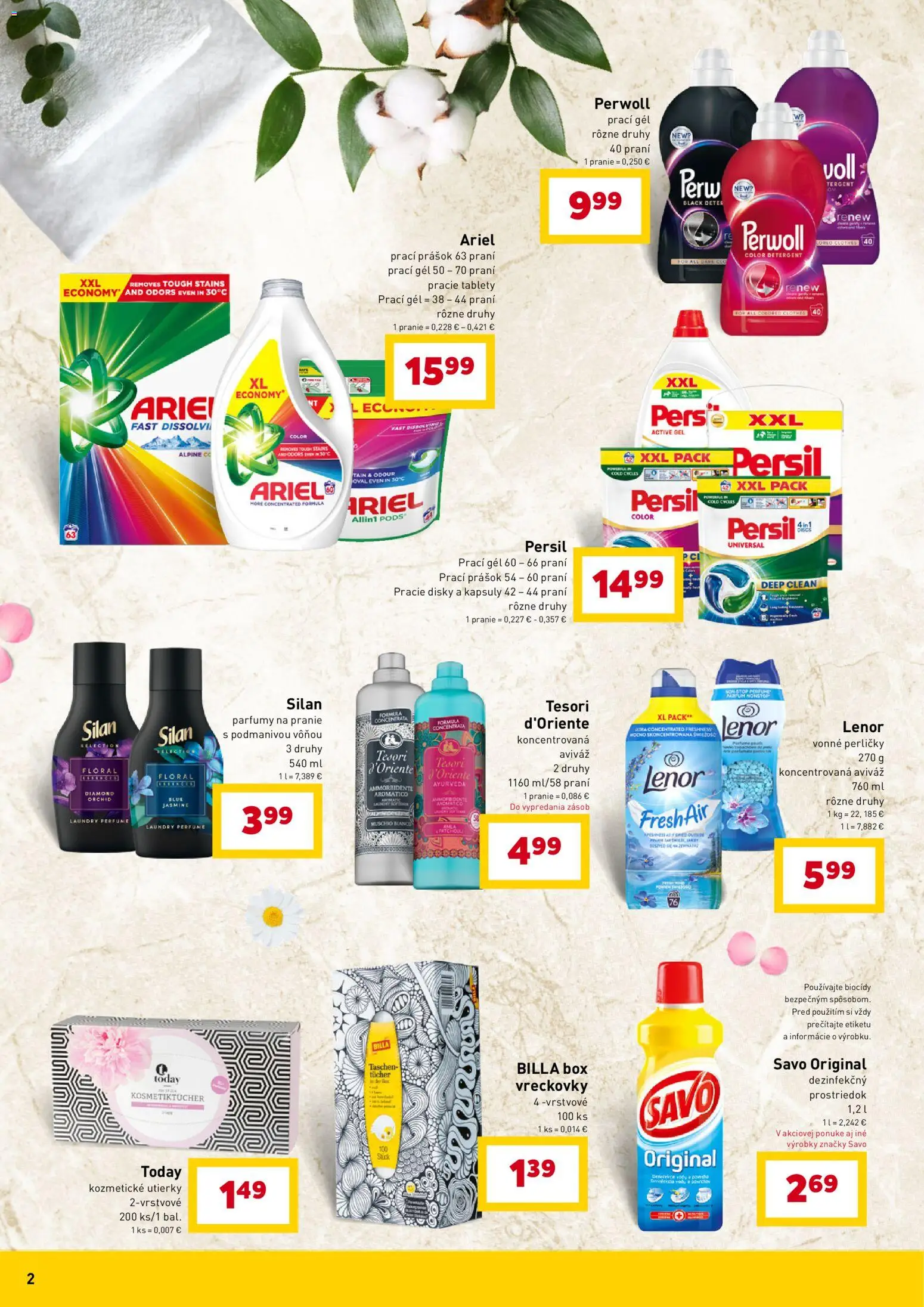 Nové Billa akcie – leták je platný od 29.04.2026 | Strana: 2 | Produkty: Perwoll, Savo, Silan, Lenor