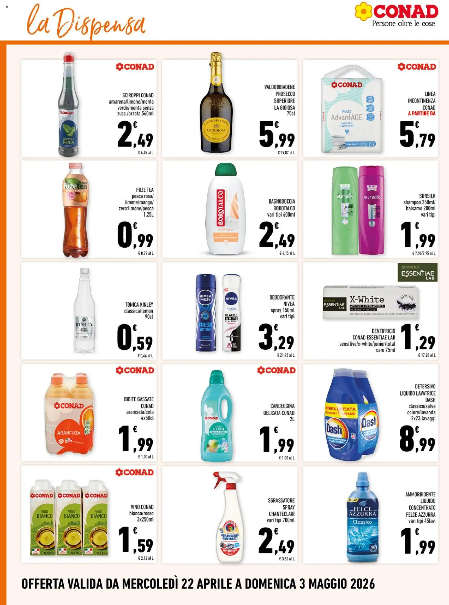 Volantino Conad del 22.04.2026 | Pagina: 14 | Prodotti: Candeggina, Sgrassatore, Prosecco, Vino