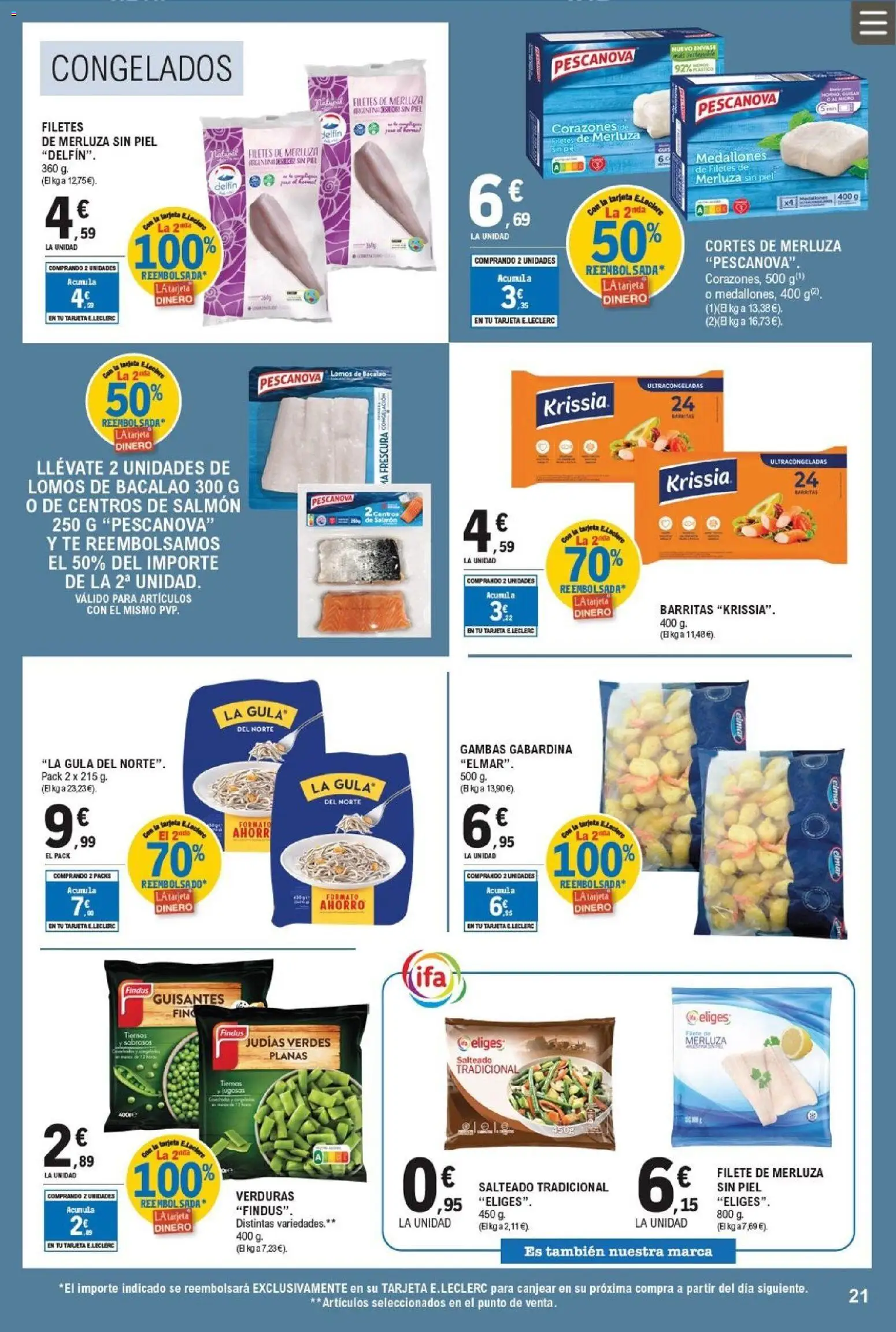 E.Leclerc folleto │ válido desde el 11.03.2026 | Página: 21 | Productos: Medallones, Filetes de merluza, Té, Filete
