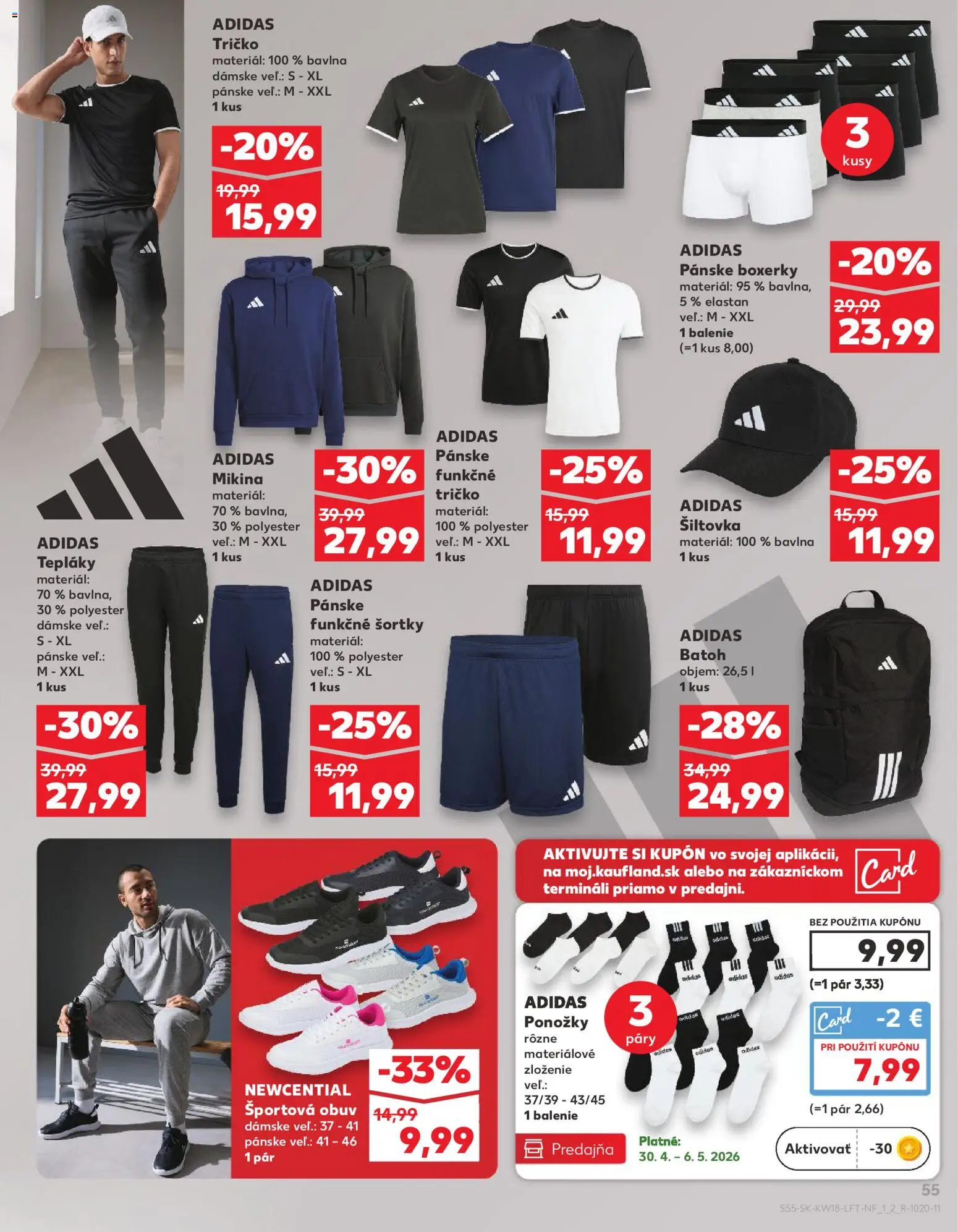 Nové Kaufland akcie – leták je platný od 30.04.2026 | Strana: 55 | Produkty: Tričko, Ponožky, Adidas, Športová obuv