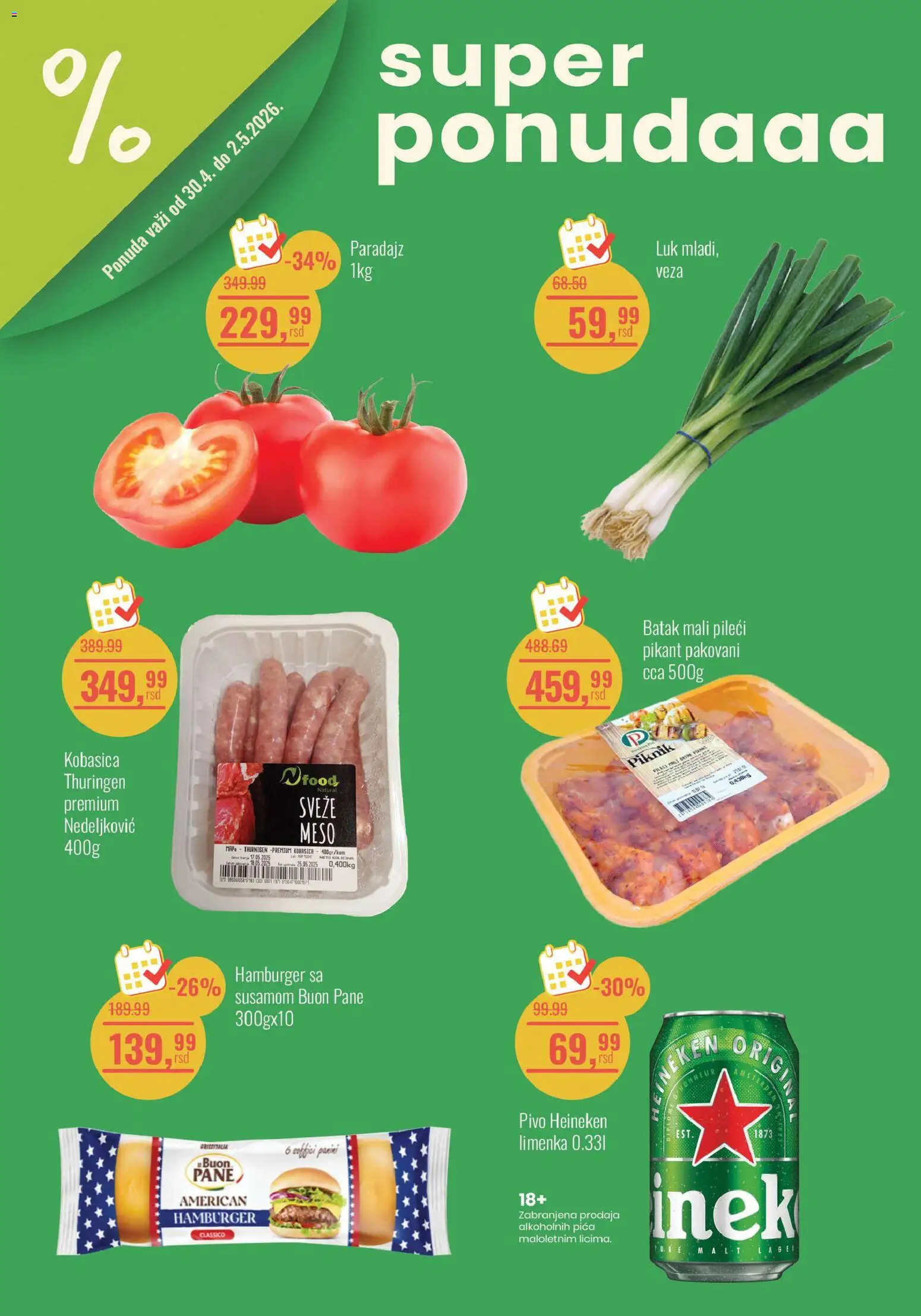 Aroma Market katalog - važi od 30.04.2026 | Strana: 1 | Proizvode: Heineken, Pivo, Kobasica, Paradajz