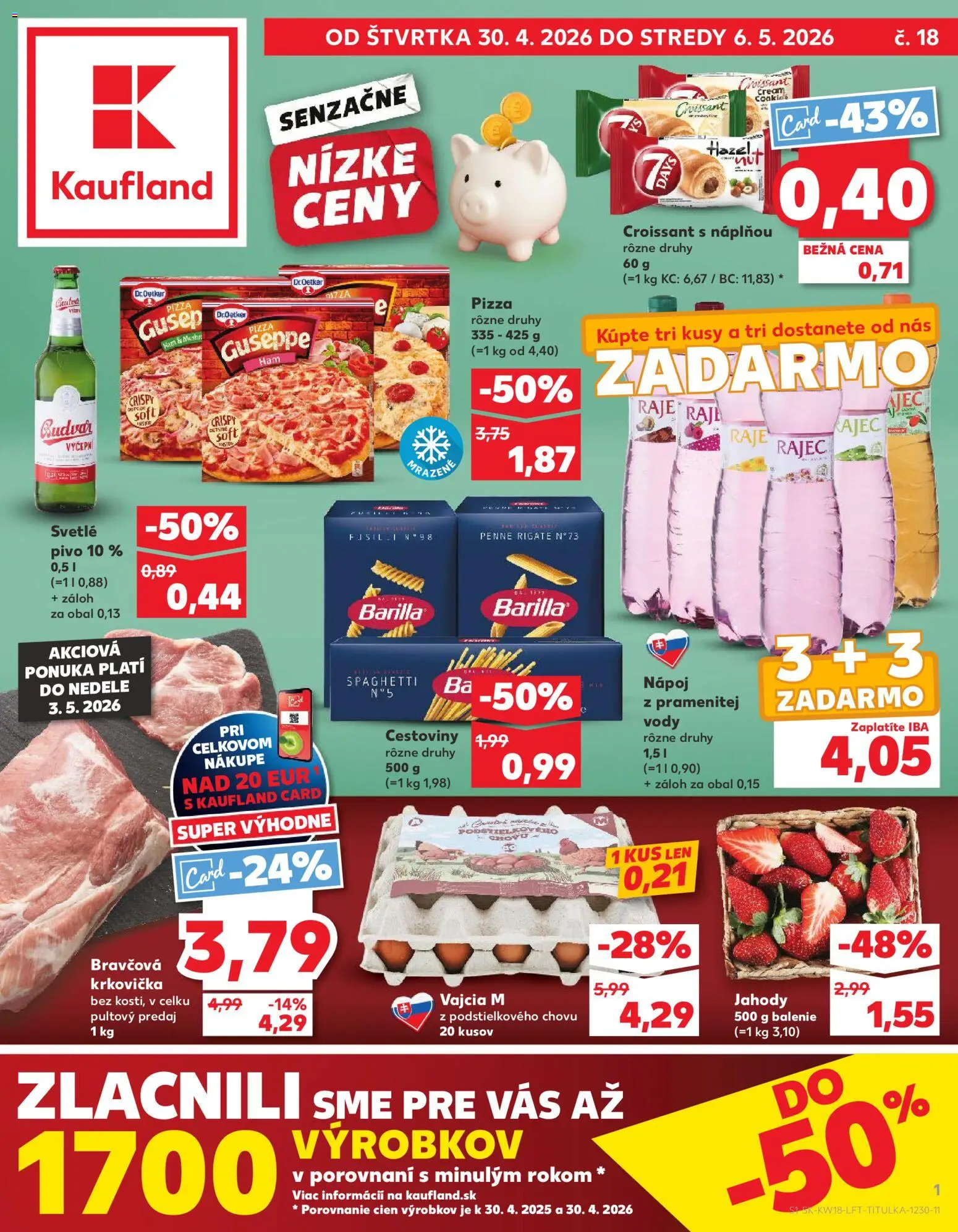 Nové Kaufland akcie – leták je platný od 30.04.2026 | Strana: 1 | Produkty: Pizza, Croissant, Krkovička, Jahody