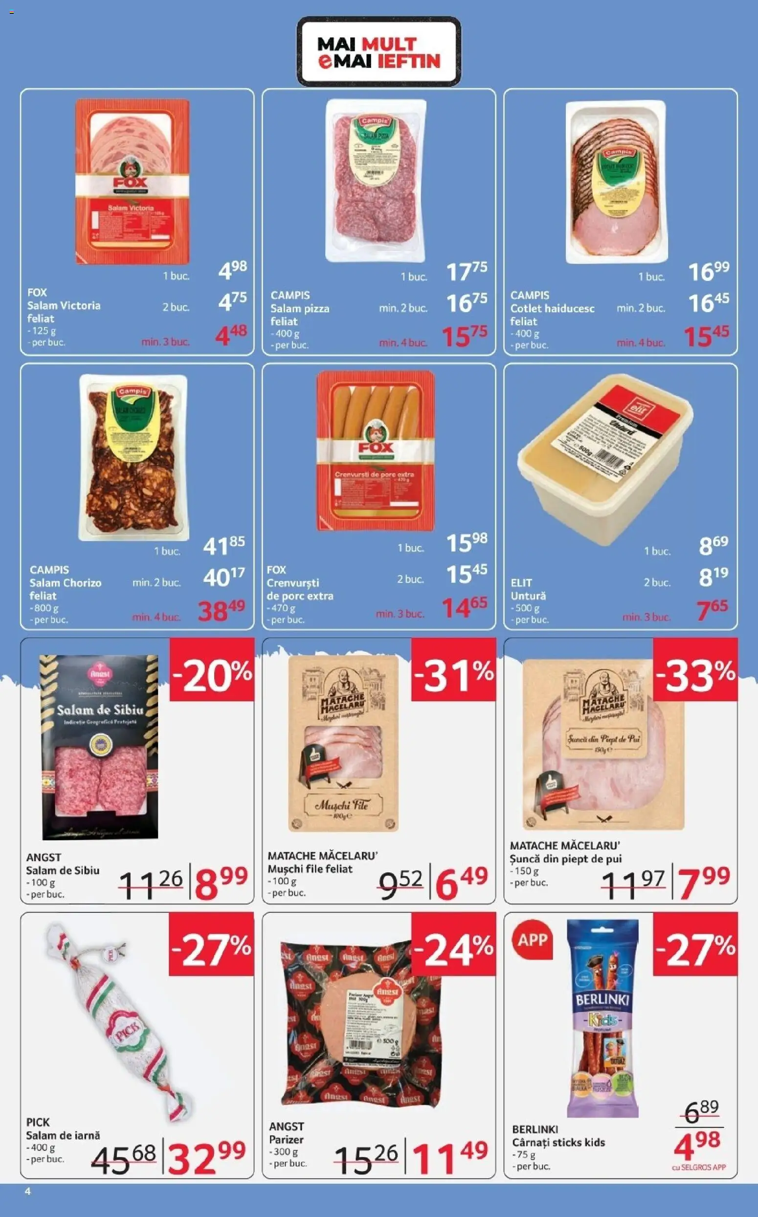 Noul catalog Selgros – valabil de la 06.03.2026 | Pagină: 4 | Produse: Hacıyatmaz Kedi Oyuncağı, Crenvurști, Salam, Parizer