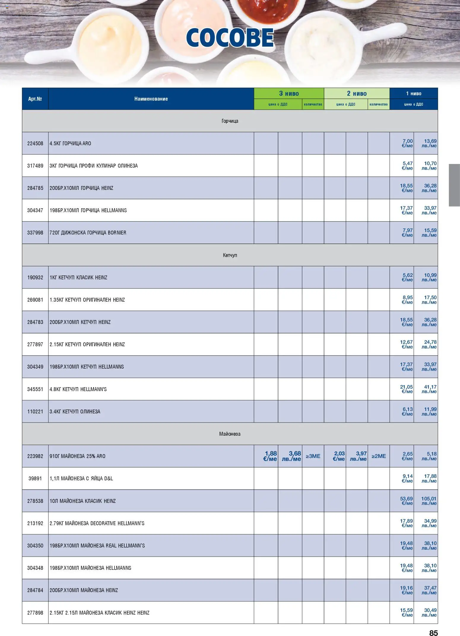{H1} | Страница: 85 | Продукти: Кетчуп, Майонеза, Яйца, Горчица