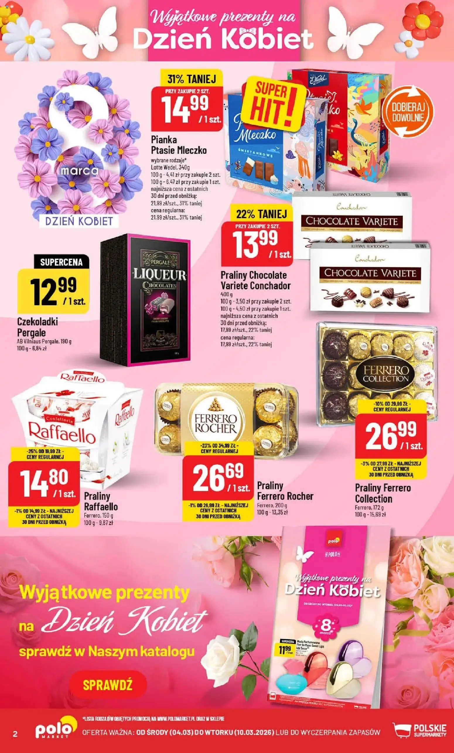 POLOmarket gazetka od 04.03.2026 | Strona: 2 | Produkty: Czekoladki, Ptasie mleczko, Woda, Ferrero rocher