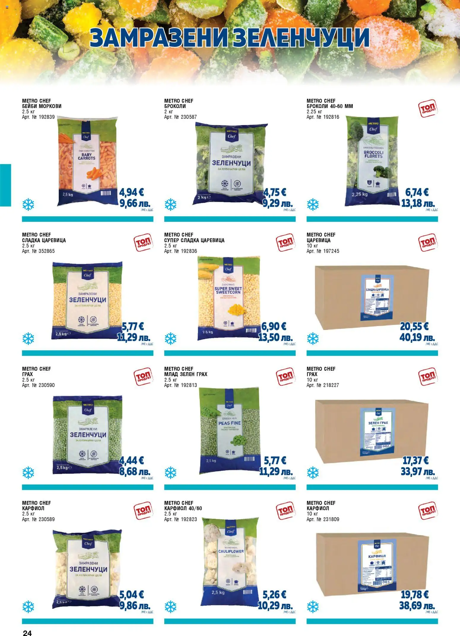 {H1} | Страница: 24 | Продукти: Зеленчуци, Броколи, Карфиол, Царевица