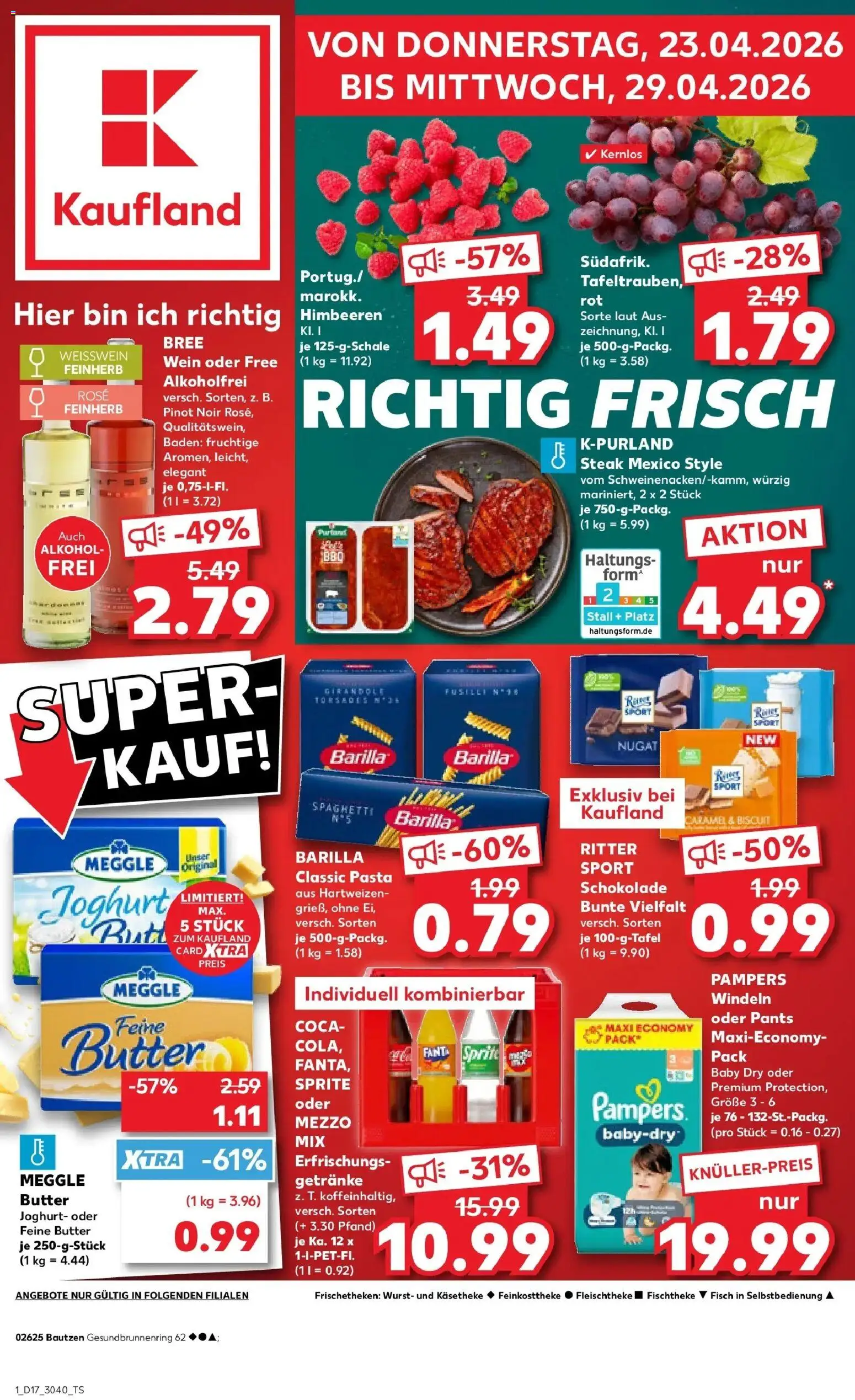 Kaufland Prospekt Bautzen	 – gültig ab 23.04.2026 | Seite: 1 | Produkte: Butter, Weißwein, Pasta, Wein