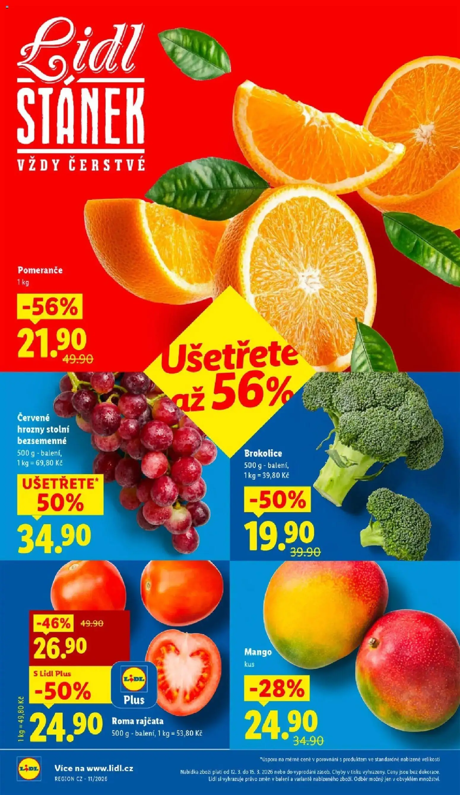 Lidl aktuální leták od 12.03.2026 | Strana: 10 | Produkty: Mango, Červené hrozny, Pomeranče, Rajčata