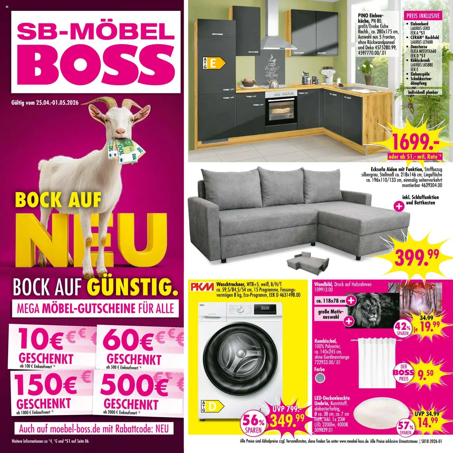 SB Möbel Boss - „Aktuelle Angebote bei MÖBEL-BOSS“ – gültig ab 24.04.2026 | Seite: 1 | Produkte: Ecksofa, Kühlschrank, Kochfeld