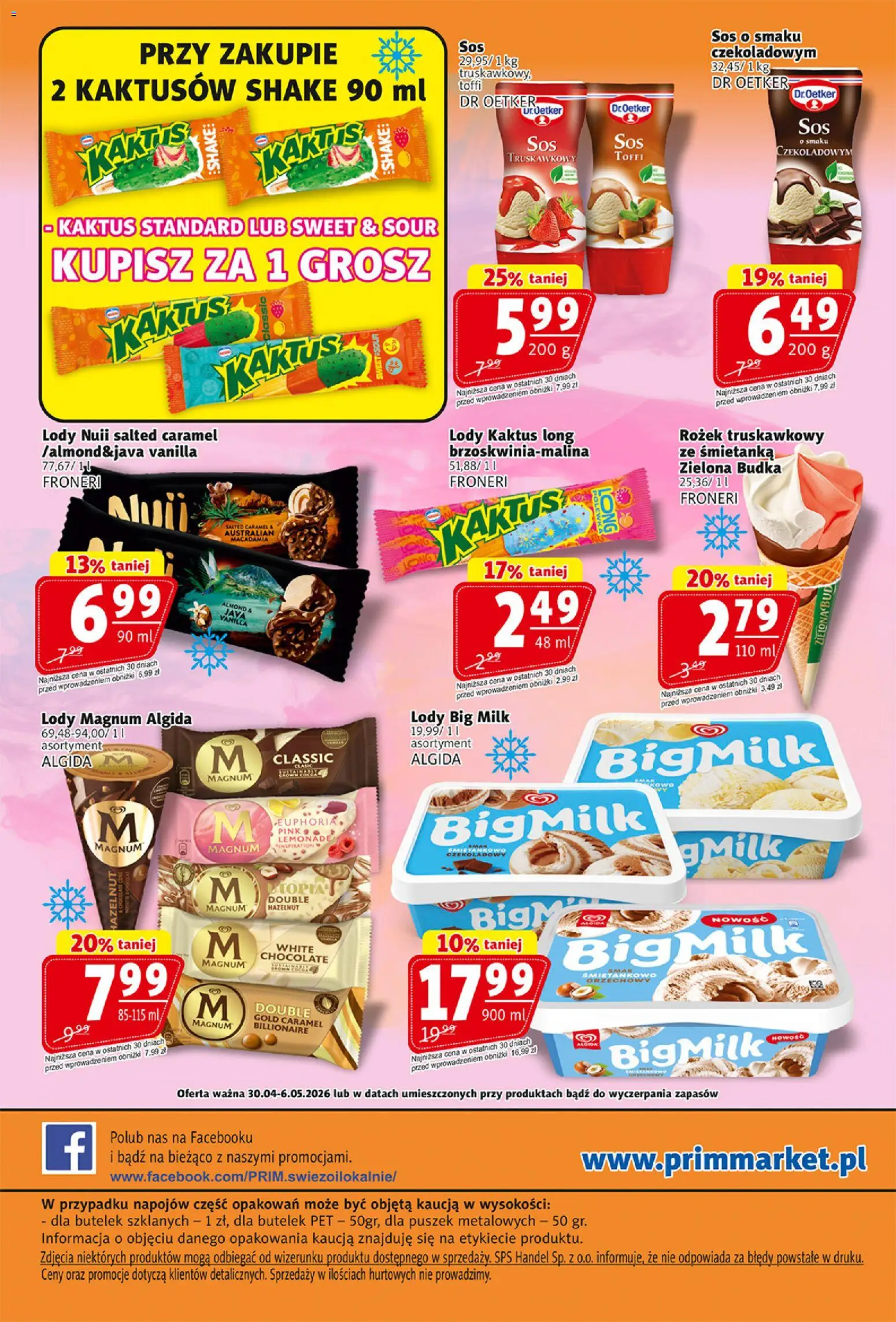 Prim Market gazetka od 30.04.2026 | Strona: 16 | Produkty: Big Milk, Lody Magnum, Lody Kaktus, Lody