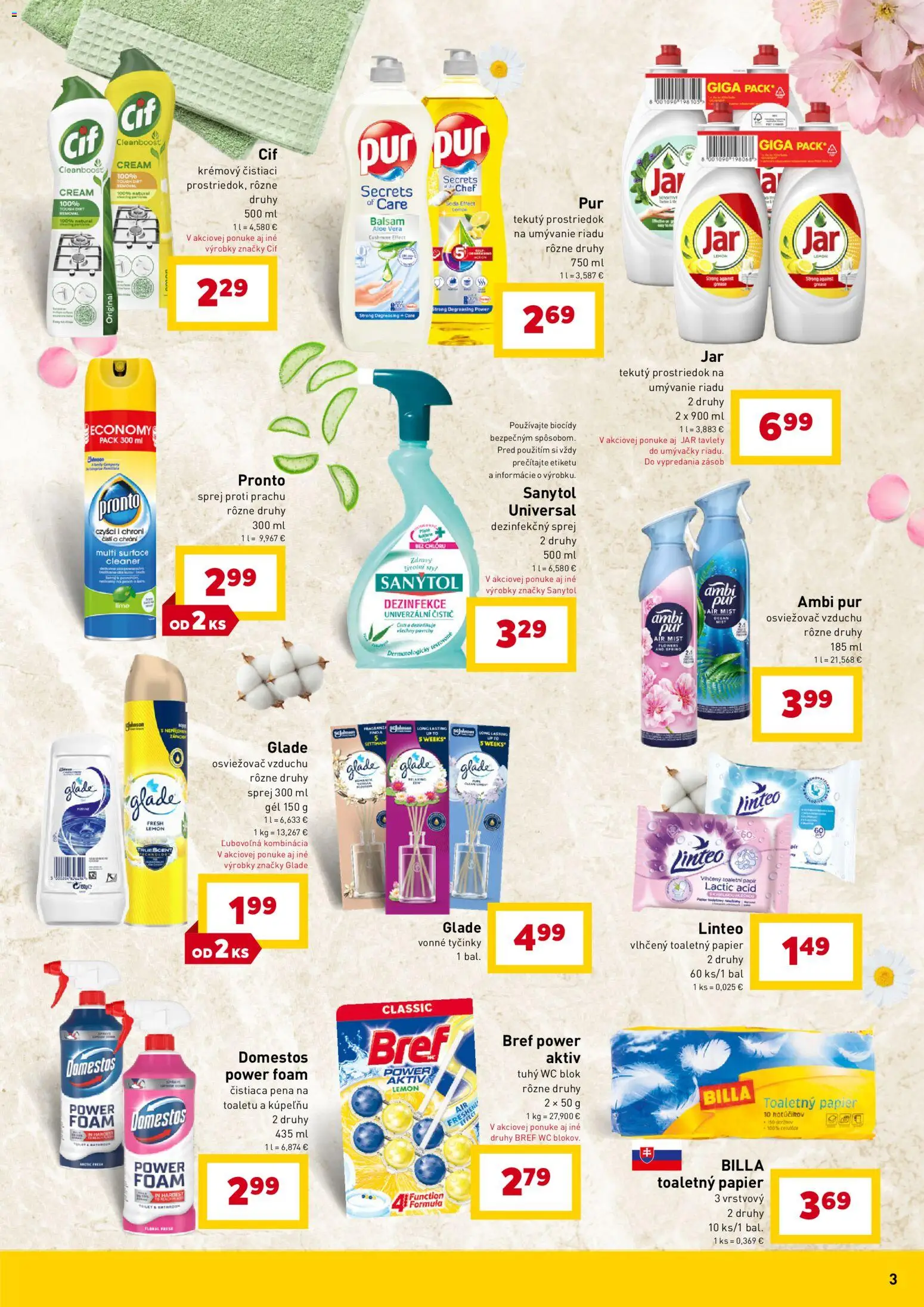 Nové Billa akcie – leták je platný od 29.04.2026 | Strana: 3 | Produkty: Osviežovač vzduchu, Wc, Toaletný papier, Prostriedok na umývanie riadu