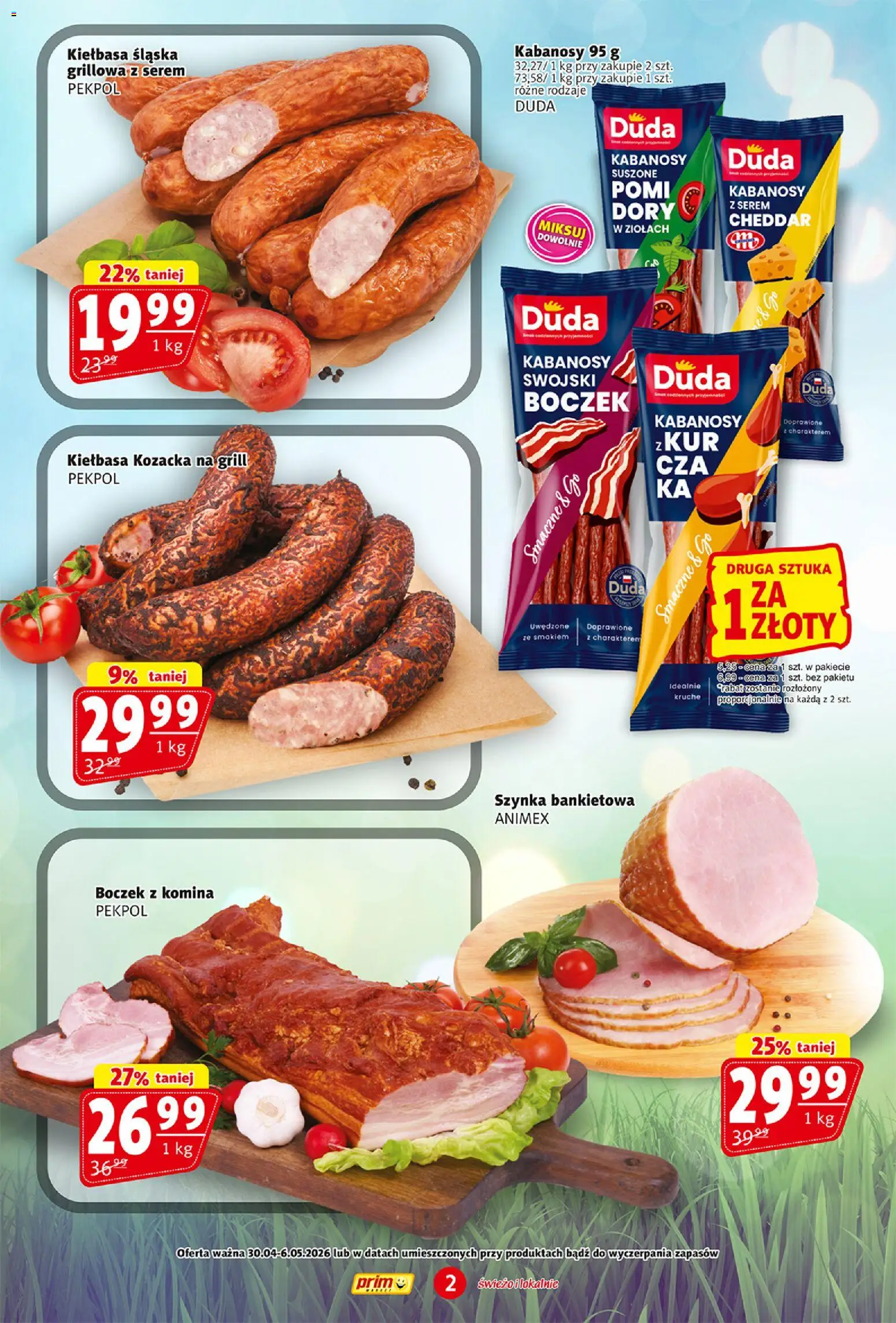 Prim Market gazetka od 30.04.2026 | Strona: 2 | Produkty: Kiełbasa, Kabanosy, Kiełbasa śląska, Cheddar