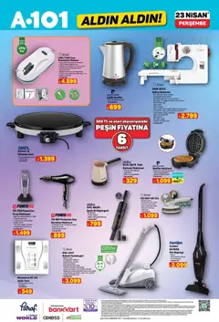 23.04.2026 tarihinden itibaren geçerli olan A101 kataloğu önizlemesi | Sayfa: 9 | Ürünler: Baskı, Dikiş makinesi, Su ısıtıcı, Tartı