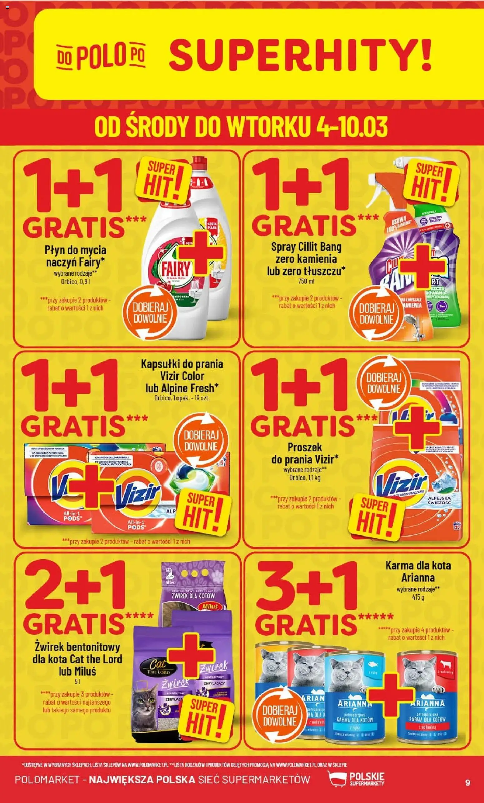 POLOmarket gazetka od 04.03.2026 | Strona: 9 | Produkty: Kapsułki do prania Vizir, Karma dla kotów, Karma dla kota, Fairy
