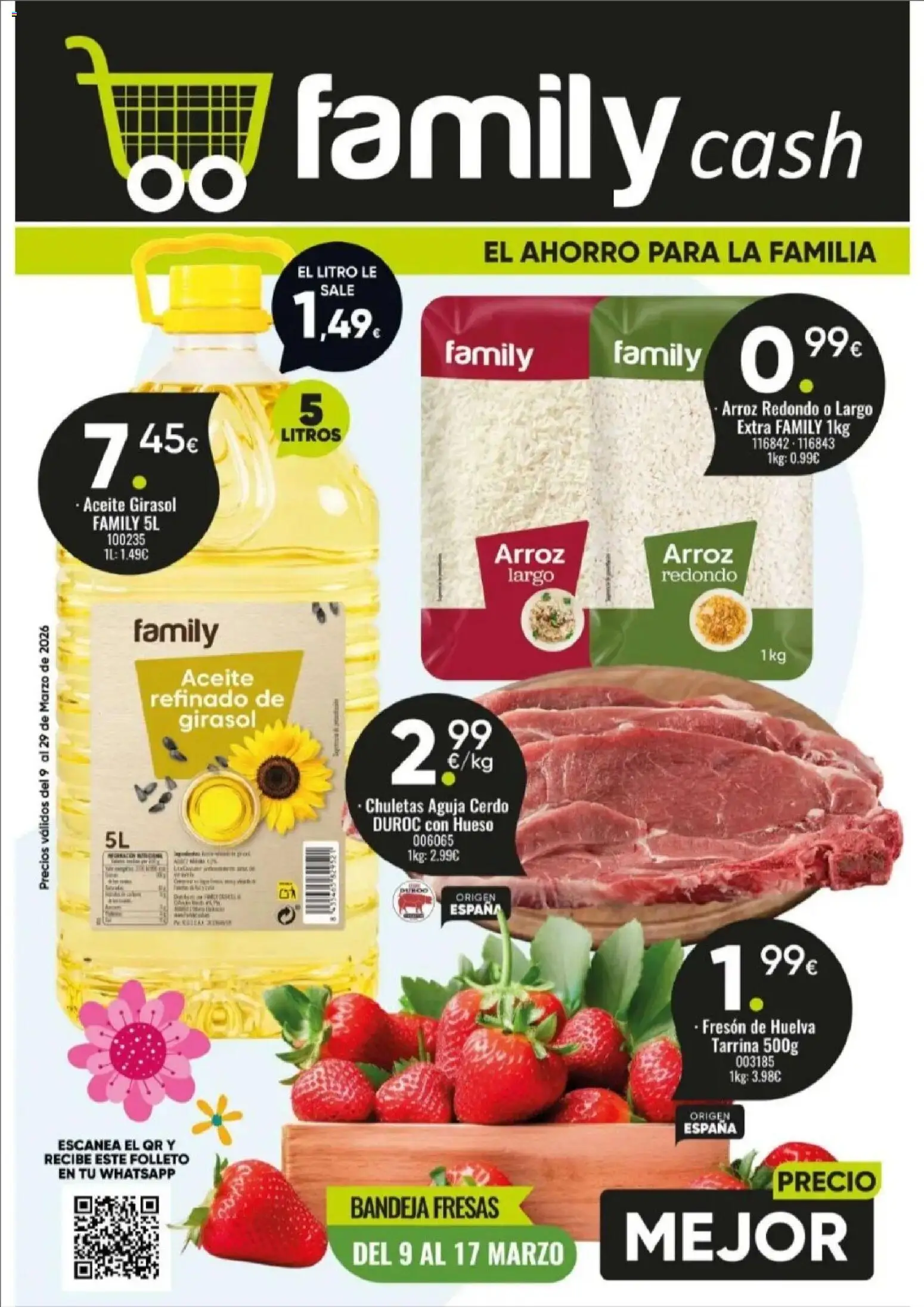 Family Cash folleto │ válido desde el 09.03.2026 | Página: 1 | Productos: Aceite, Cerdo, Fresas, Bandeja