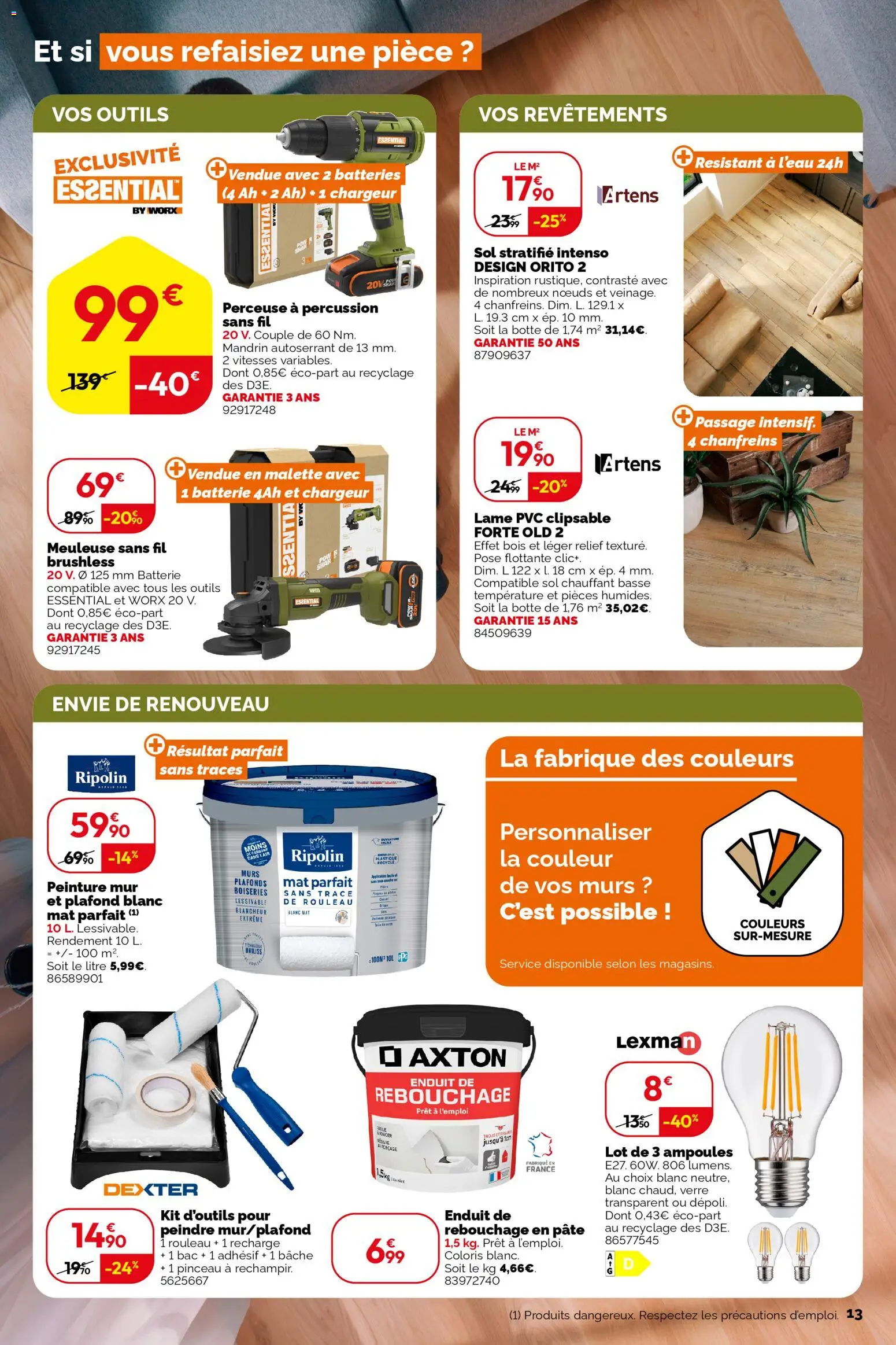 {H1} | Page: 13 | Produits: Perceuse, Meuleuse, Pinceau, Rouleau