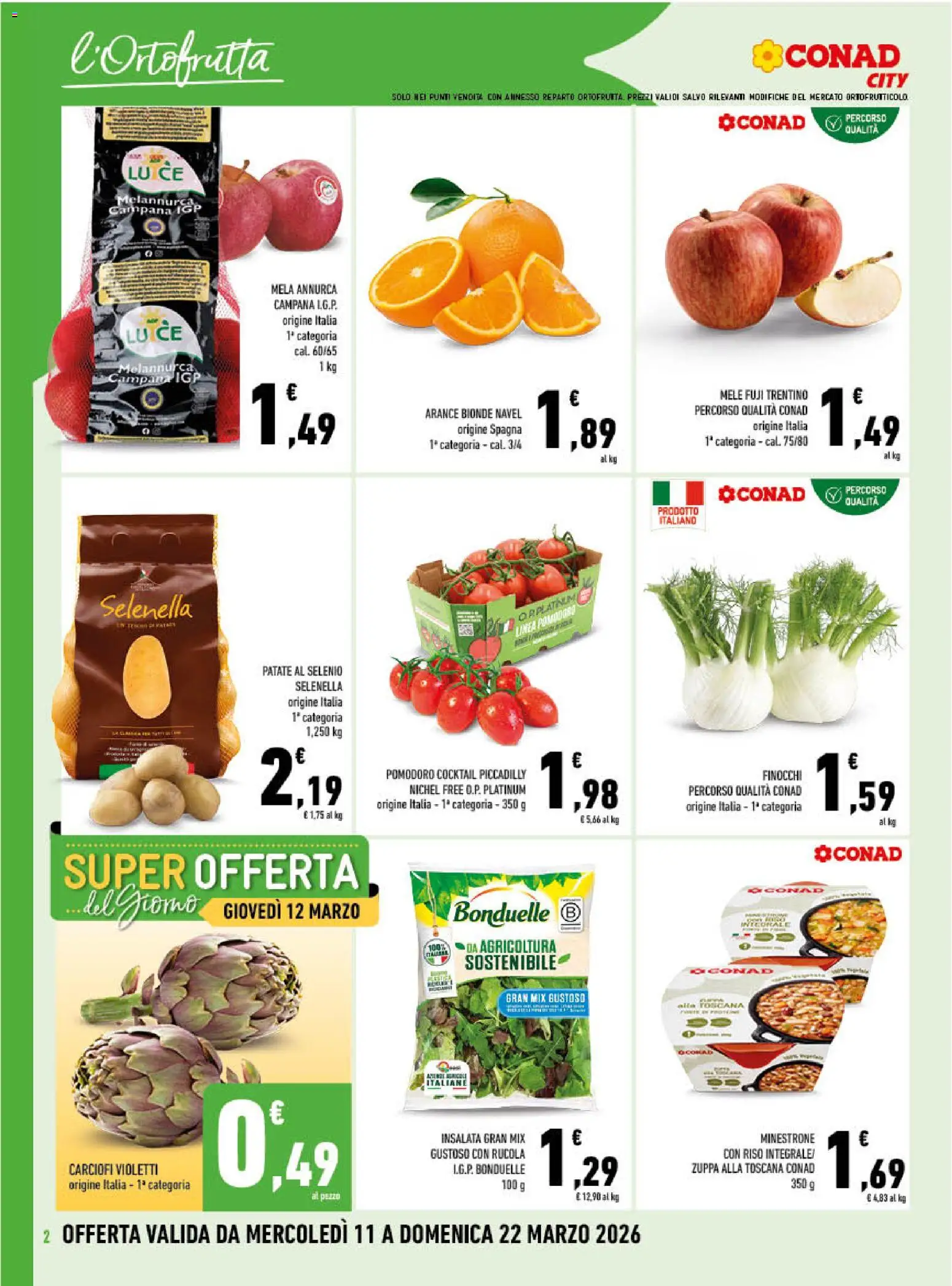 Volantino Conad del 11.03.2026 | Pagina: 2 | Prodotti: Mele, Riso, Rucola, Pomodoro