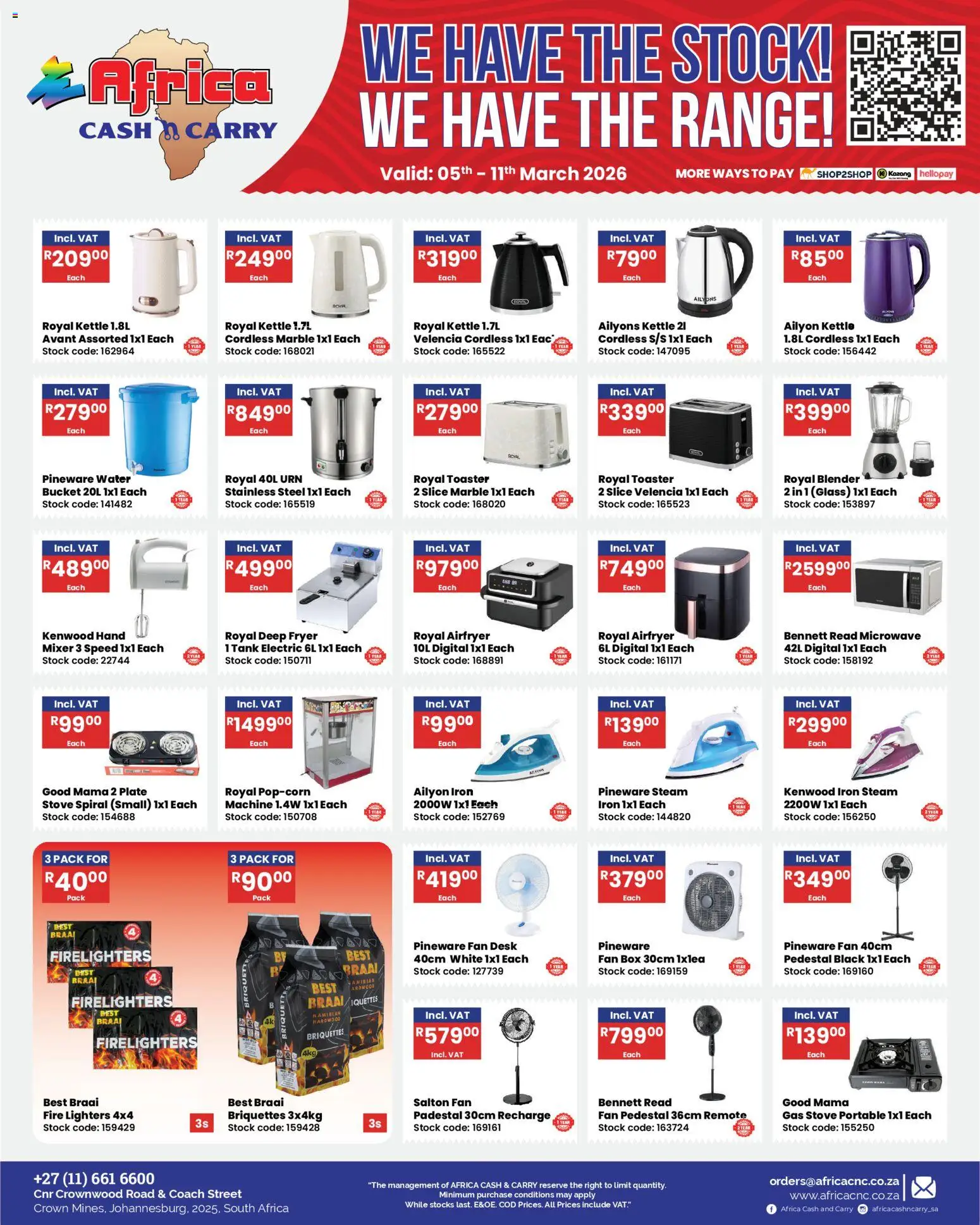 New Africa Cash & Carry catalogue – valid from 05.03.2026 | Page: 22 | Products: Tank, Fan, Gas stove, Stock