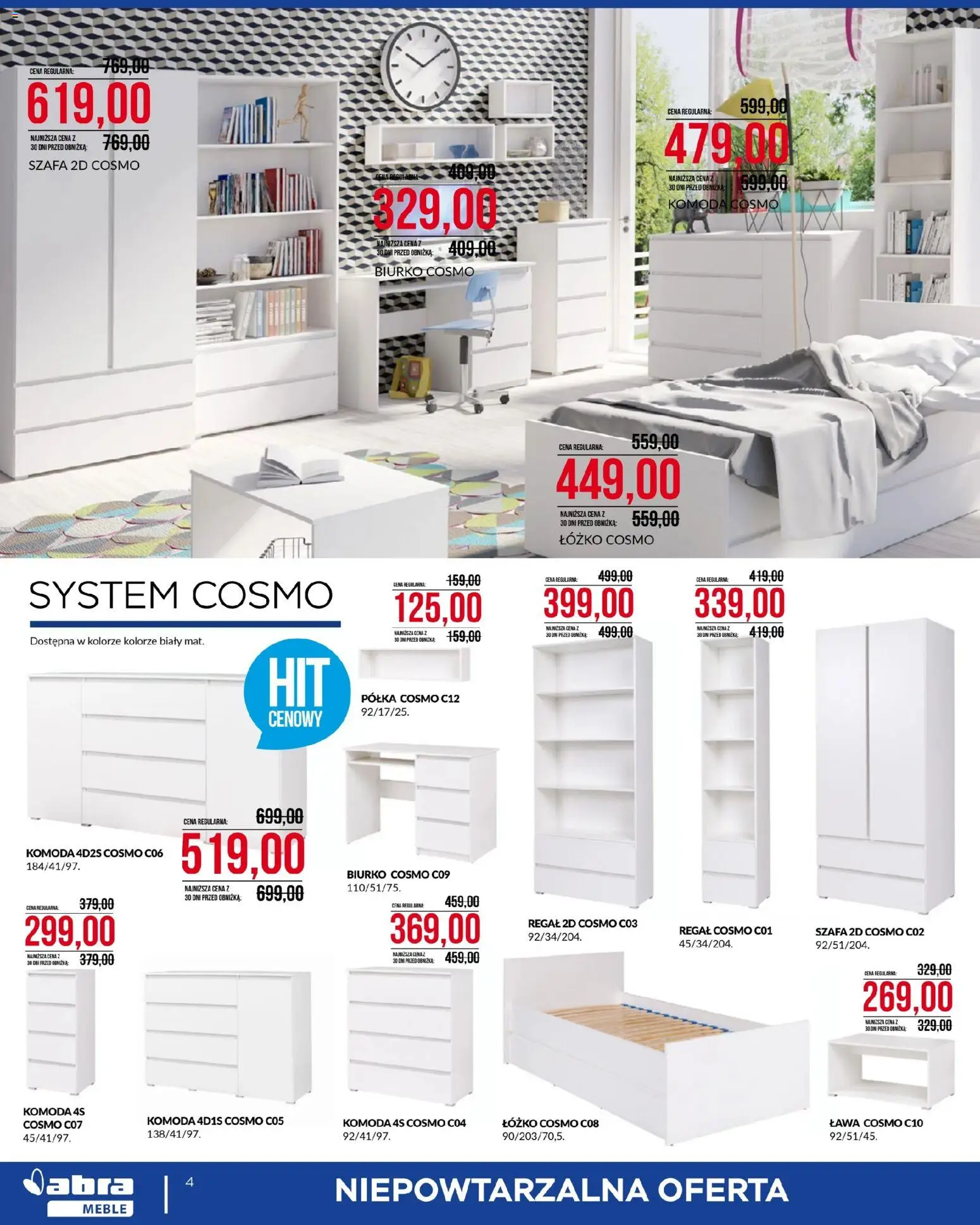 Abra meble gazetka od 04.03.2026 | Strona: 4 | Produkty: Łóżko, Komoda, Półka, Biurko