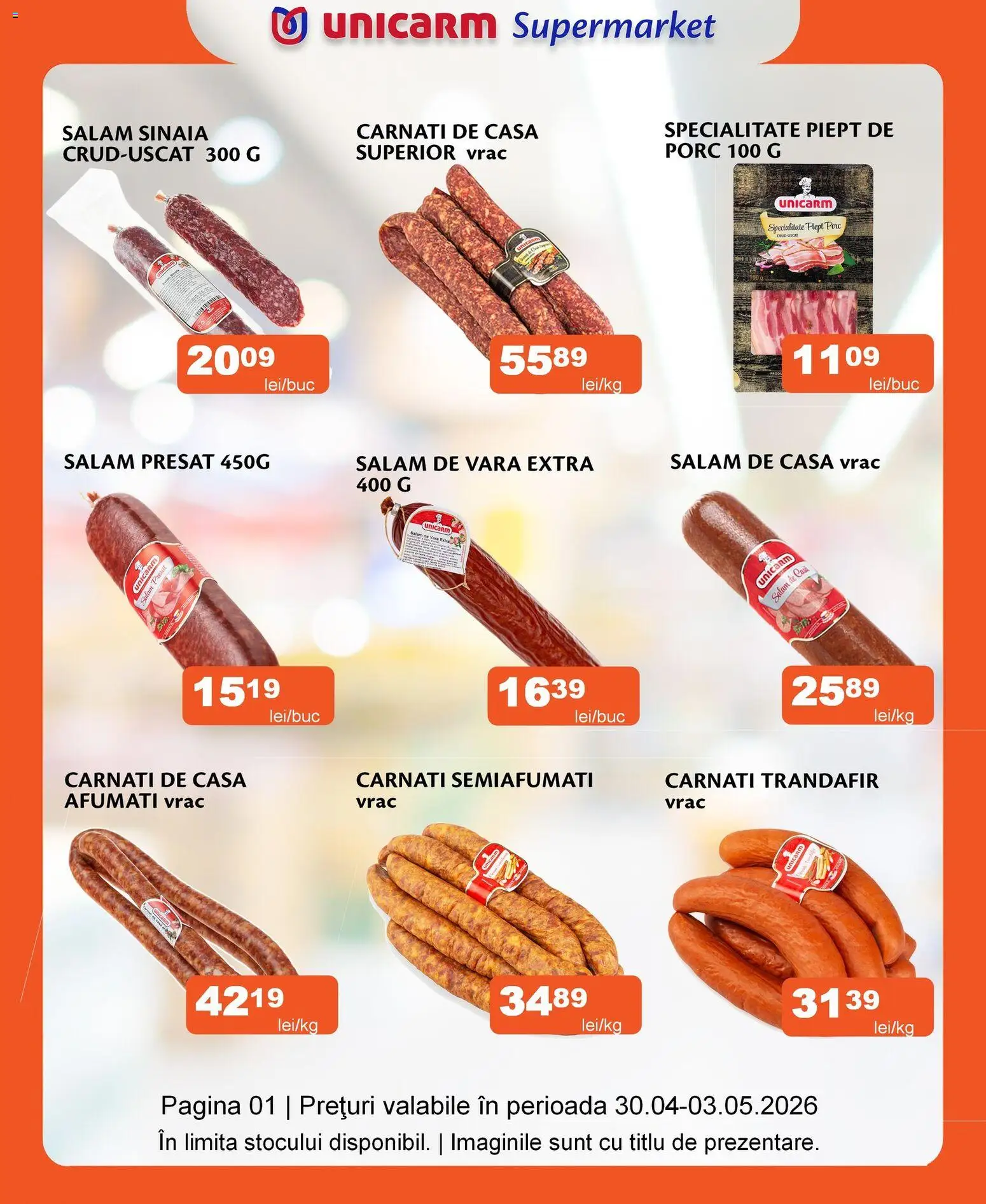Noul catalog Unicarm – valabil de la 30.04.2026 | Pagină: 1 | Produse: Trandafir, Salam, Cârnați
