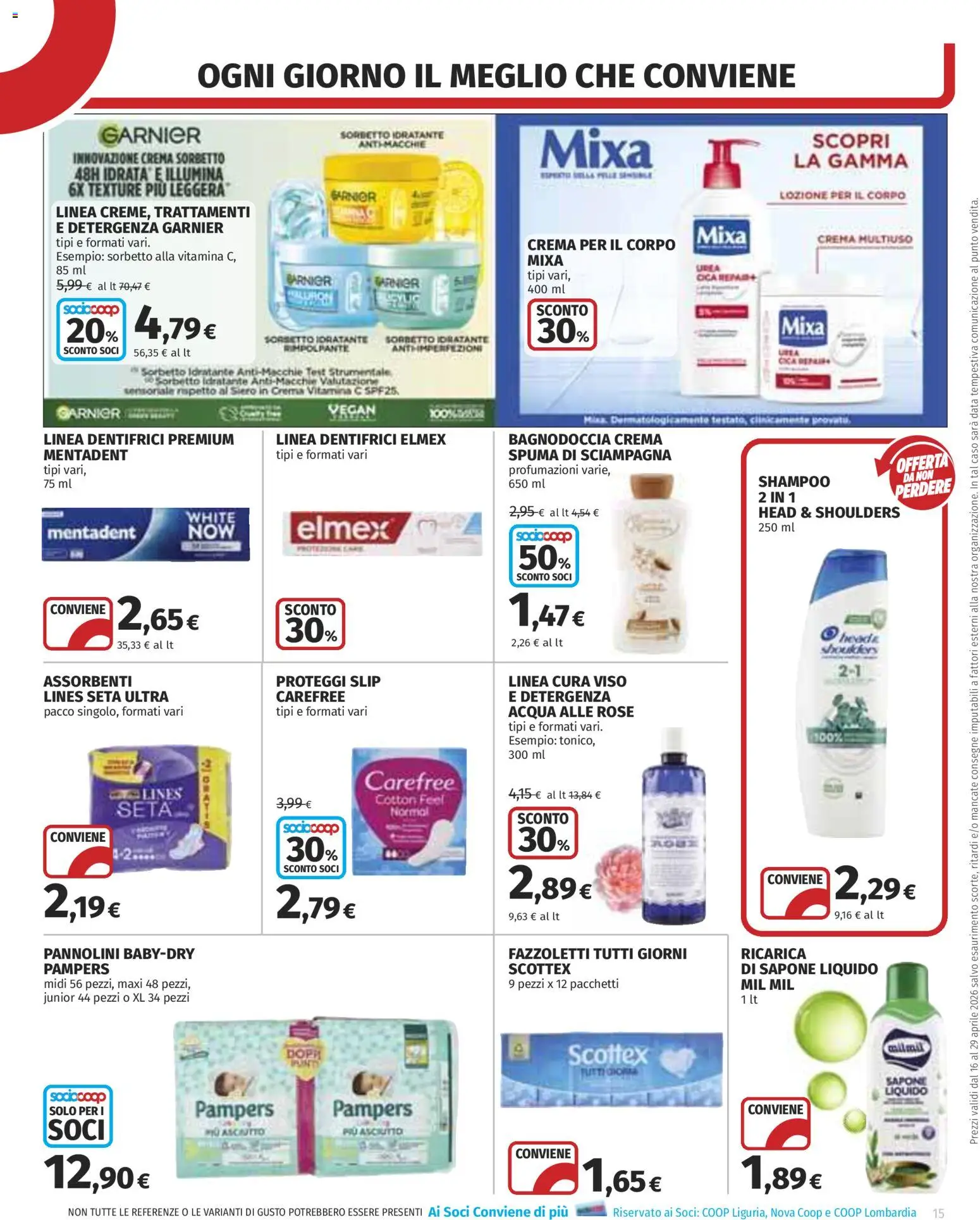 Volantino COOP del 16.04.2026 | Pagina: 15 | Prodotti: Pannolini, Proteggi slip, Sorbetto, Acqua