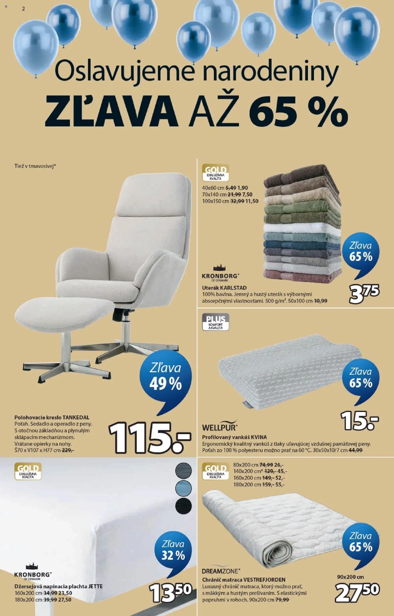 Nové JYSK akcie – leták je platný od 09.03.2026 | Strana: 2 | Produkty: Plachta, Vankúš, Polohovacie kreslo, Uterák