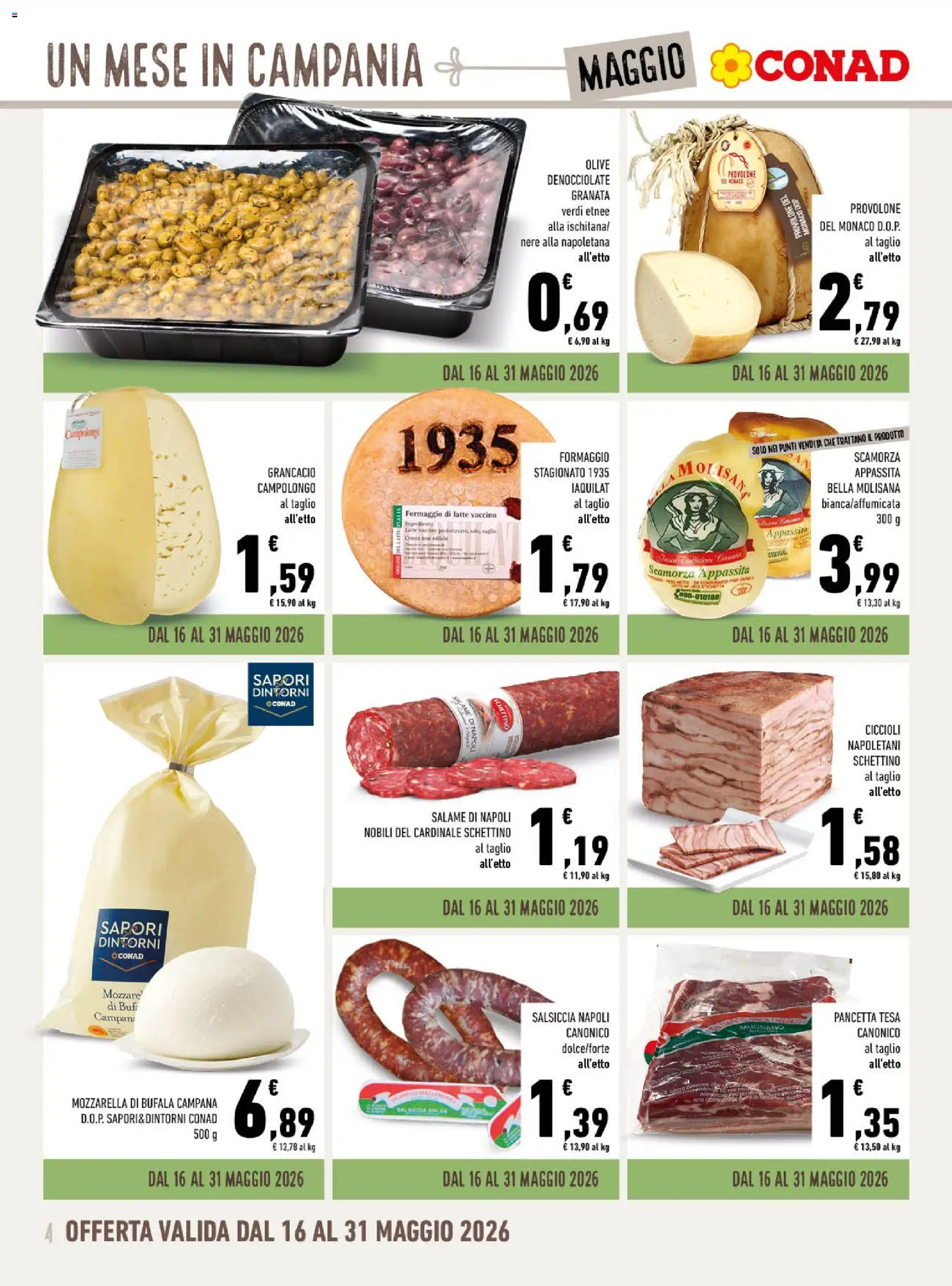 Volantino Conad del 29.04.2026 | Pagina: 4 | Prodotti: Salame, Pancetta, Latte, Olive