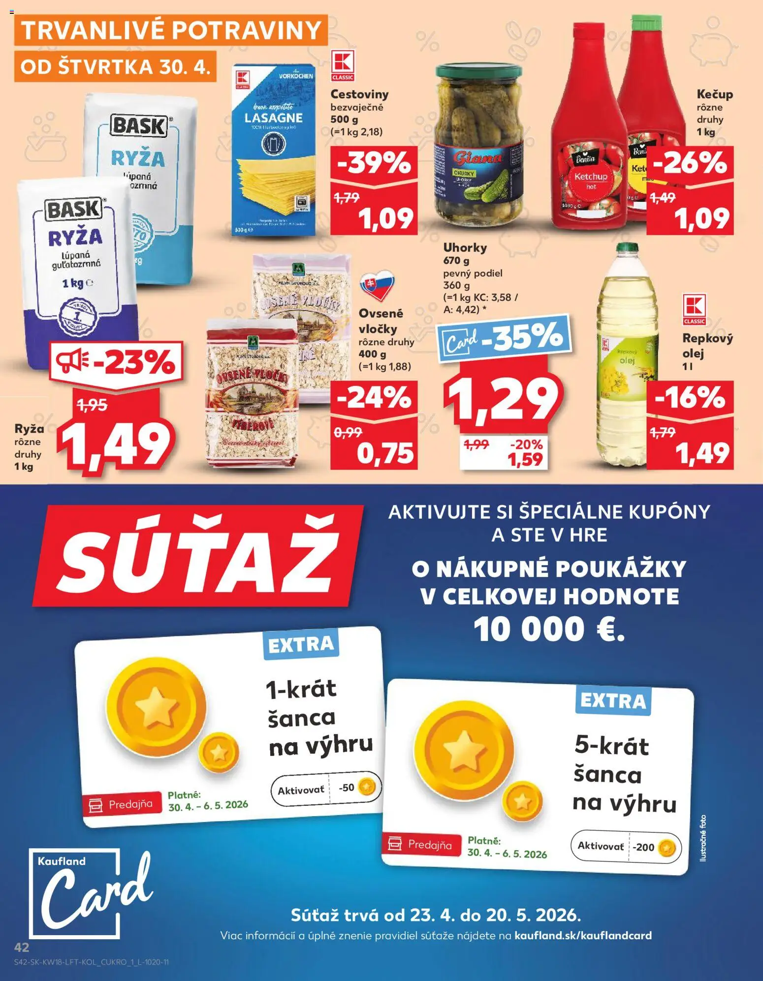 Nové Kaufland akcie – leták je platný od 30.04.2026 | Strana: 42 | Produkty: Olej, Kečup, Uhorky, Lasagne