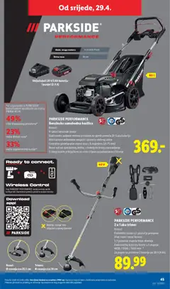 PARKSIDE PERFORMANCE Benzinska samohodna kosilica, Komad, 4-taktni benzinski motor, Elektronsko paljenje motora pritiskom na gumb pomoću 20 V aku baterije, Alternativno pokretanje moguće i pomoću vlačnog užeta, Centralno podešavanje visine reza u 8 stupnjeva (25-75 mm), Rezni nož od specijalnog čelika, s funkcijom brzog zaustavljanja, S integriranim priključkom za vrtno crijevo za jednostavno čišćenje - Pregled kataloga iz trgovine Lidl, vrijedi od 27.04.2026 | Stranica: 45