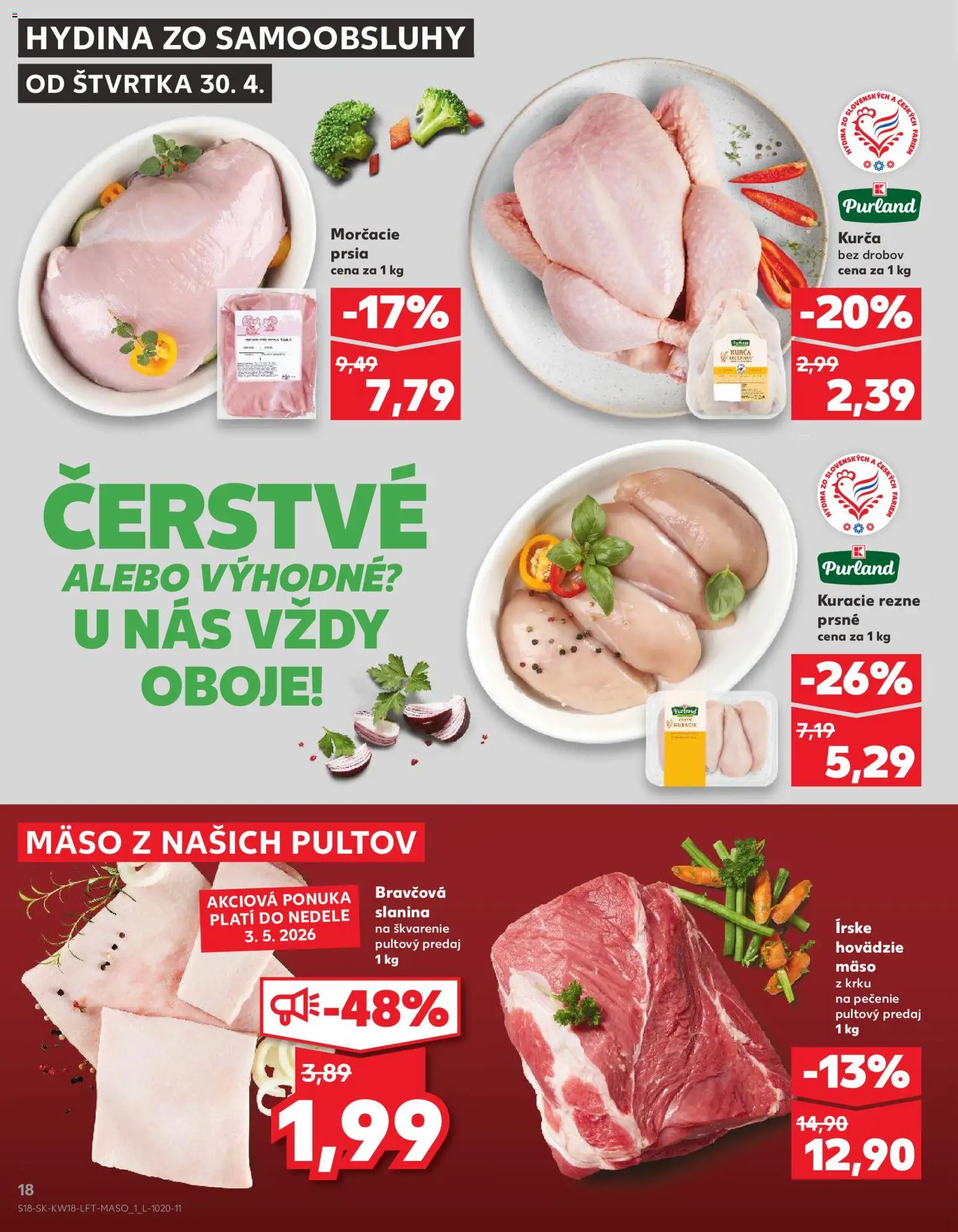 Nové Kaufland akcie – leták je platný od 30.04.2026 | Strana: 18 | Produkty: Slanina, Hovädzie mäso, Kuracie rezne, Kurča