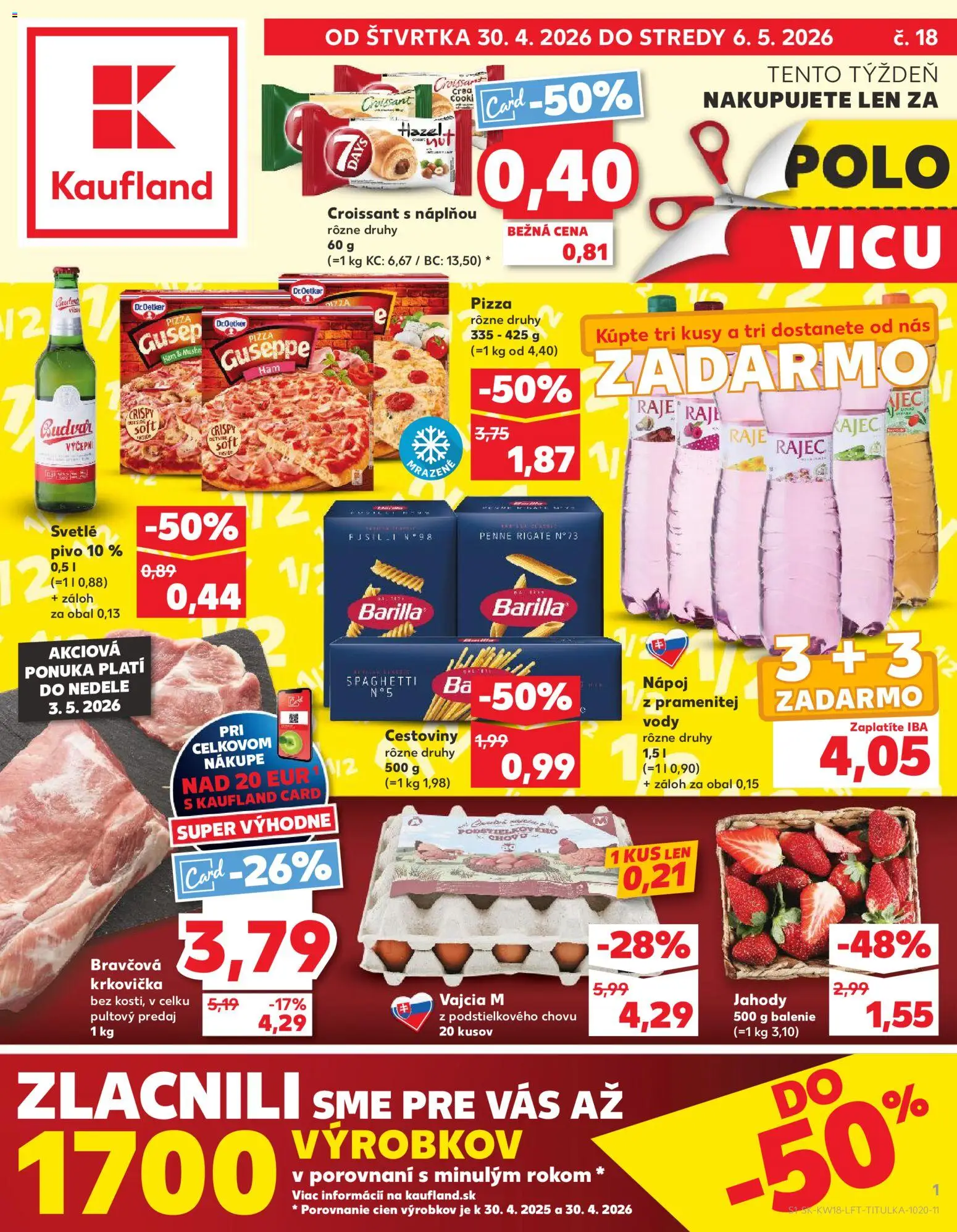 Nové Kaufland akcie – leták je platný od 30.04.2026 | Strana: 1 | Produkty: Penne, Cestoviny, Rajec, Krkovička