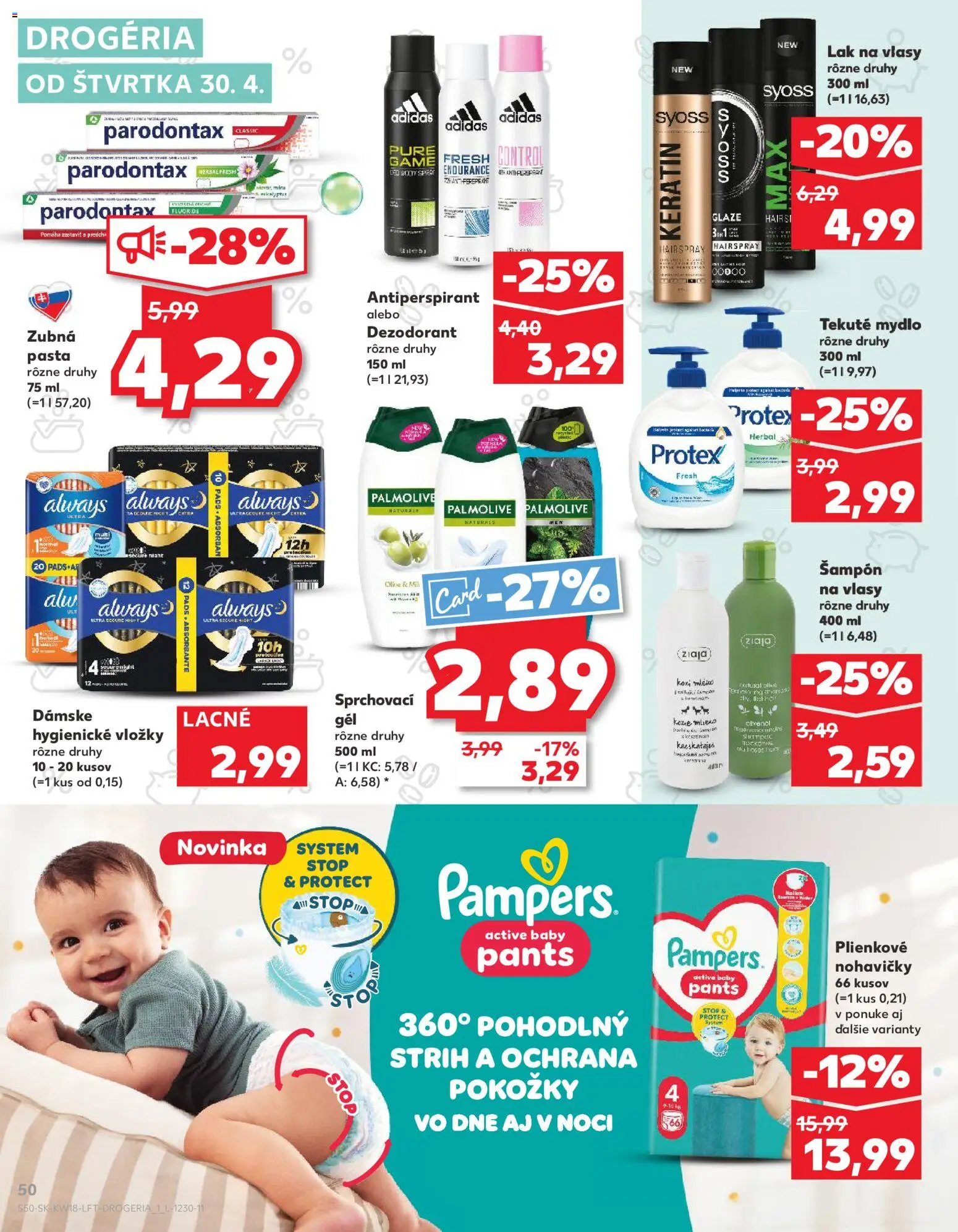Nové Kaufland akcie – leták je platný od 30.04.2026 | Strana: 50 | Produkty: Mydlo, Dezodorant, Adidas, Pampers