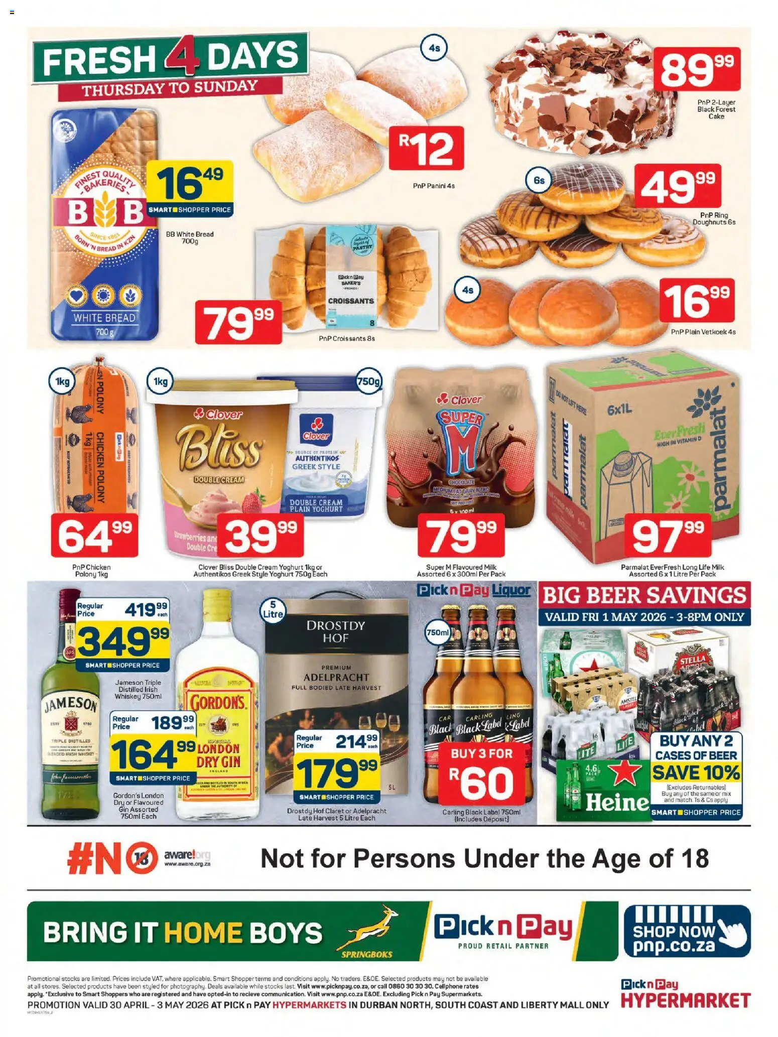 New Pick n Pay catalogue – valid from 30.04.2026 | Page: 2 | Products: Milk, Chocolate, Gin, Dairy blend