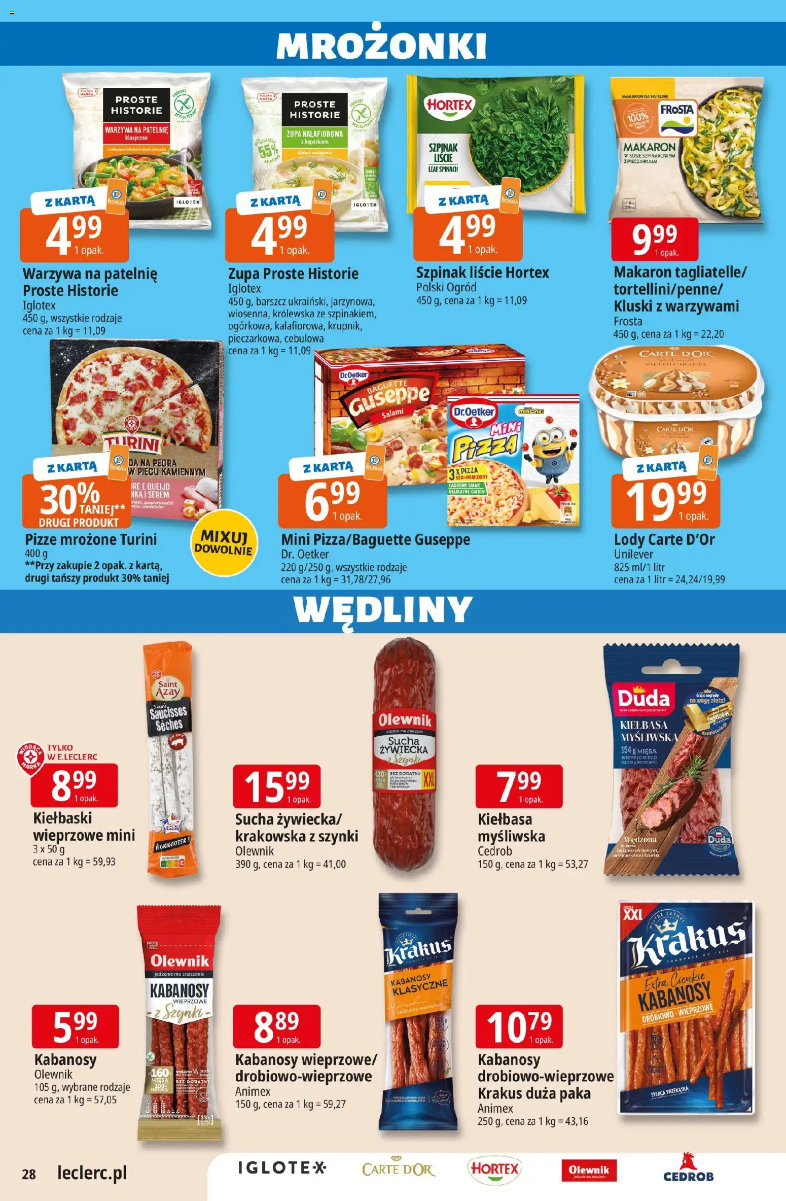E.Leclerc gazetka - Kłodzko od 10.03.2026 | Strona: 28 | Produkty: Kiełbaski, Szpinak, Pizza, Warzywa