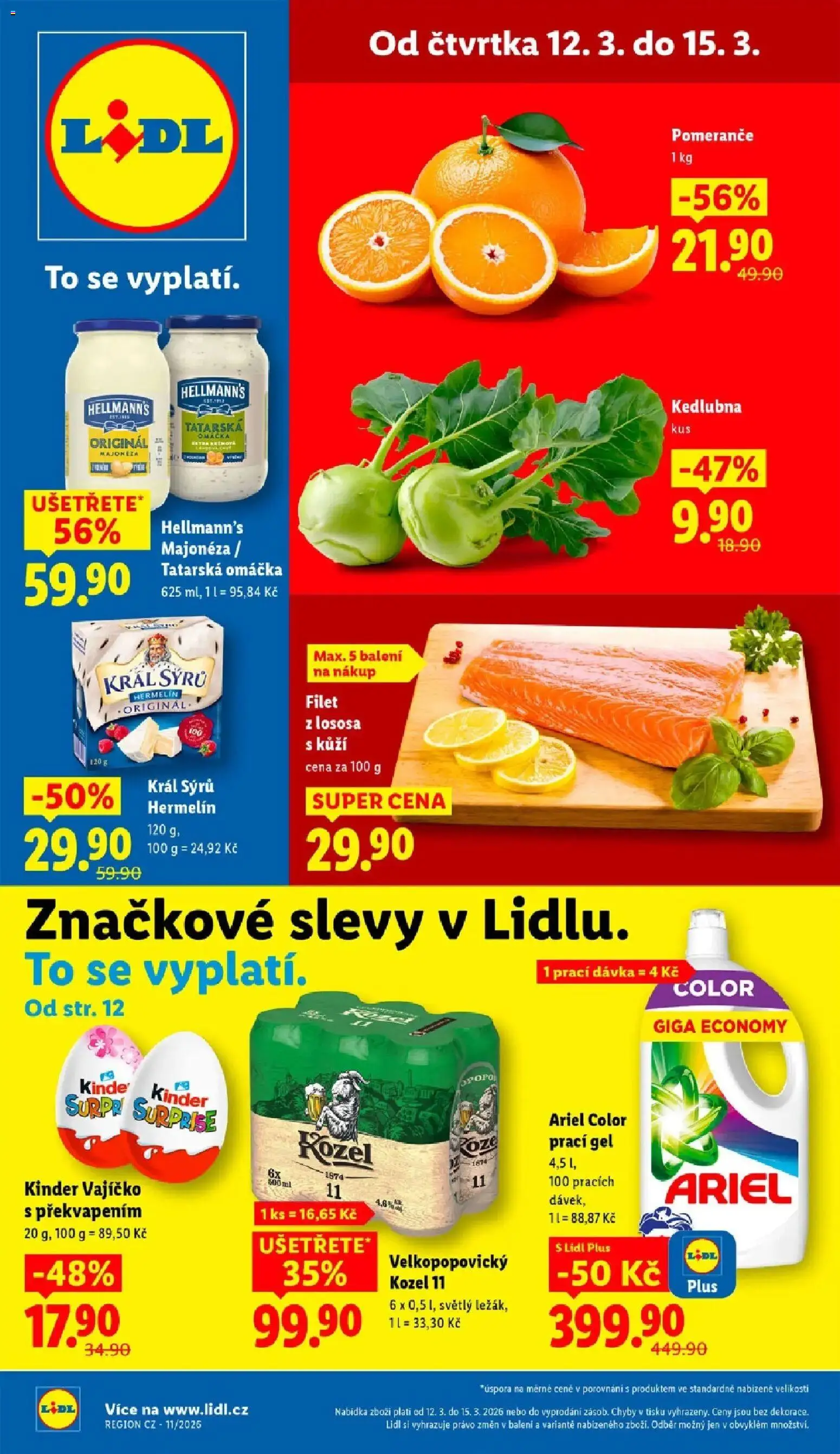 Lidl aktuální leták od 12.03.2026 | Strana: 1 | Produkty: Velkopopovický Kozel 11, Kozel 11, Filet, Kinder