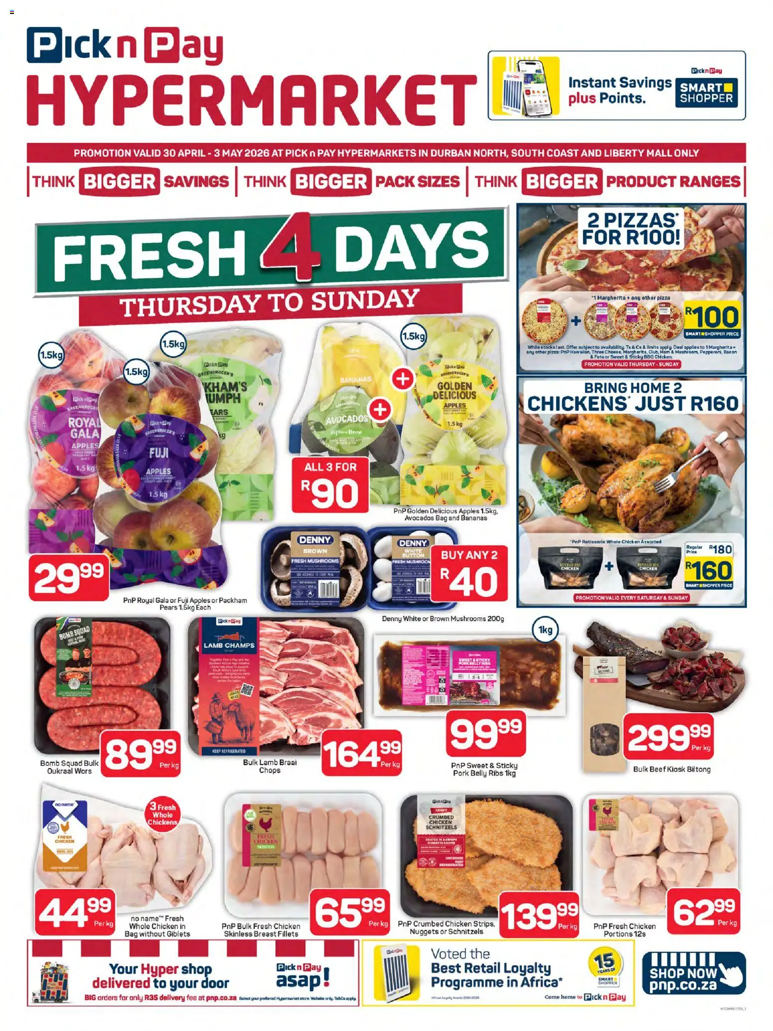 New Pick n Pay catalogue – valid from 30.04.2026 | Page: 1 | Products: Ham, Pizza, Apples, Bacon