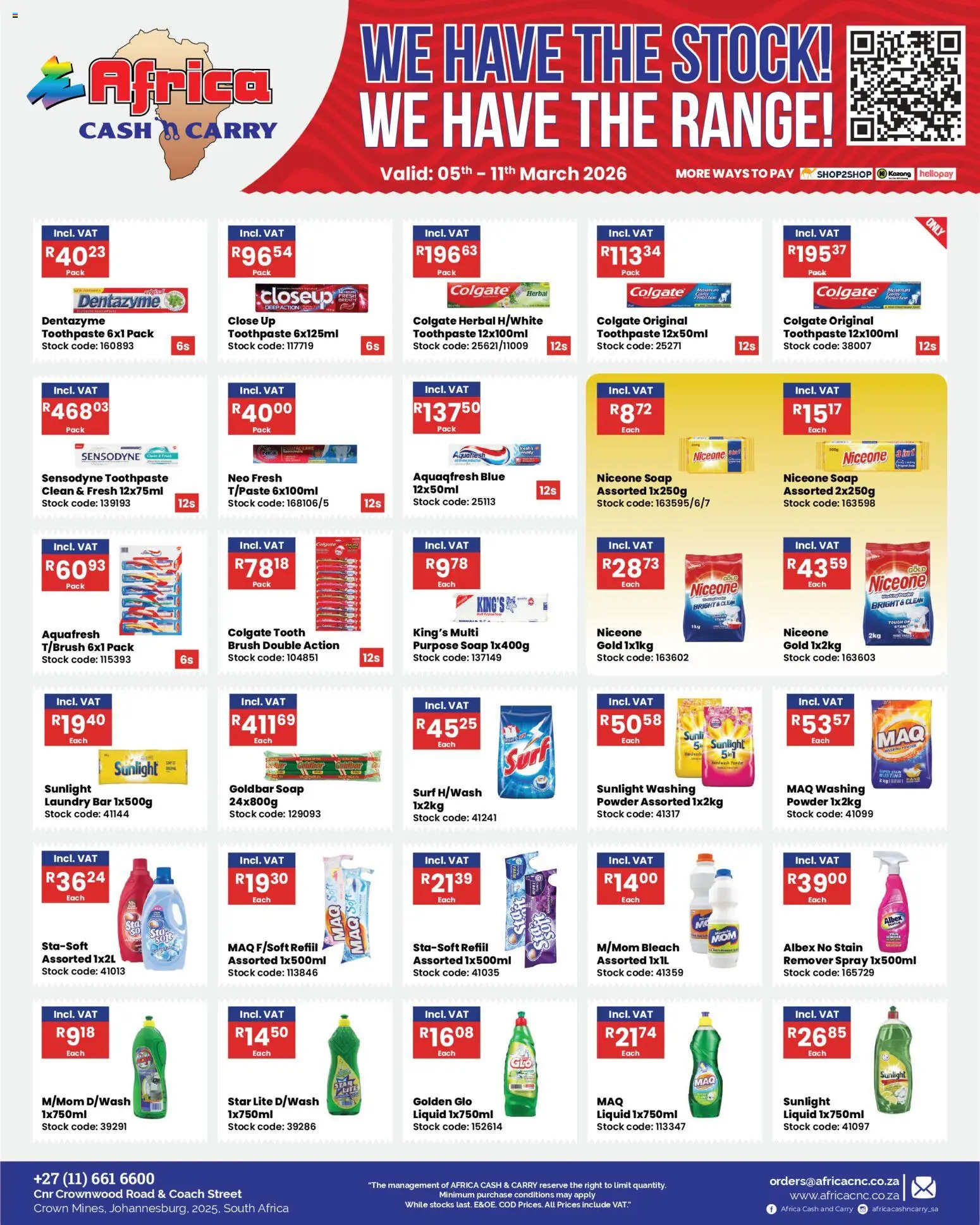 New Africa Cash & Carry catalogue – valid from 05.03.2026 | Page: 11 | Products: Powder, Brush, Stock, Toothpaste