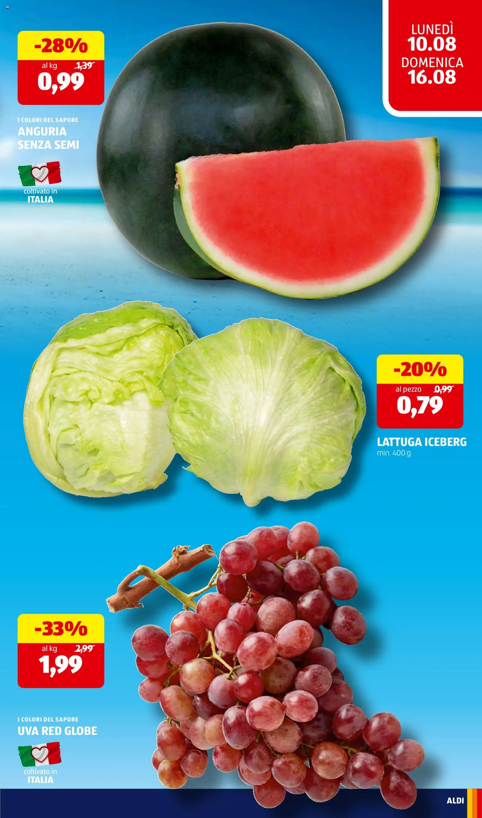 Volantino Aldi del 10/08/2026 | Pagina: 11 | Prodotti: Lattuga iceberg, Uva, Anguria senza semi, Lattuga